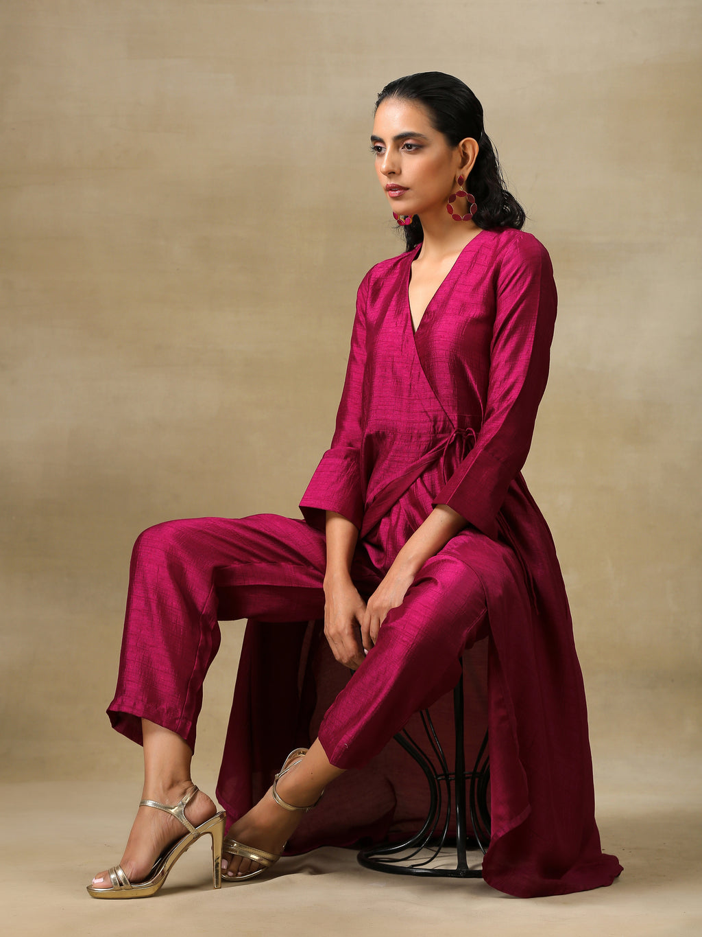 trueBrowns Purple Textured Silk Angrakha Kurta Pant Set