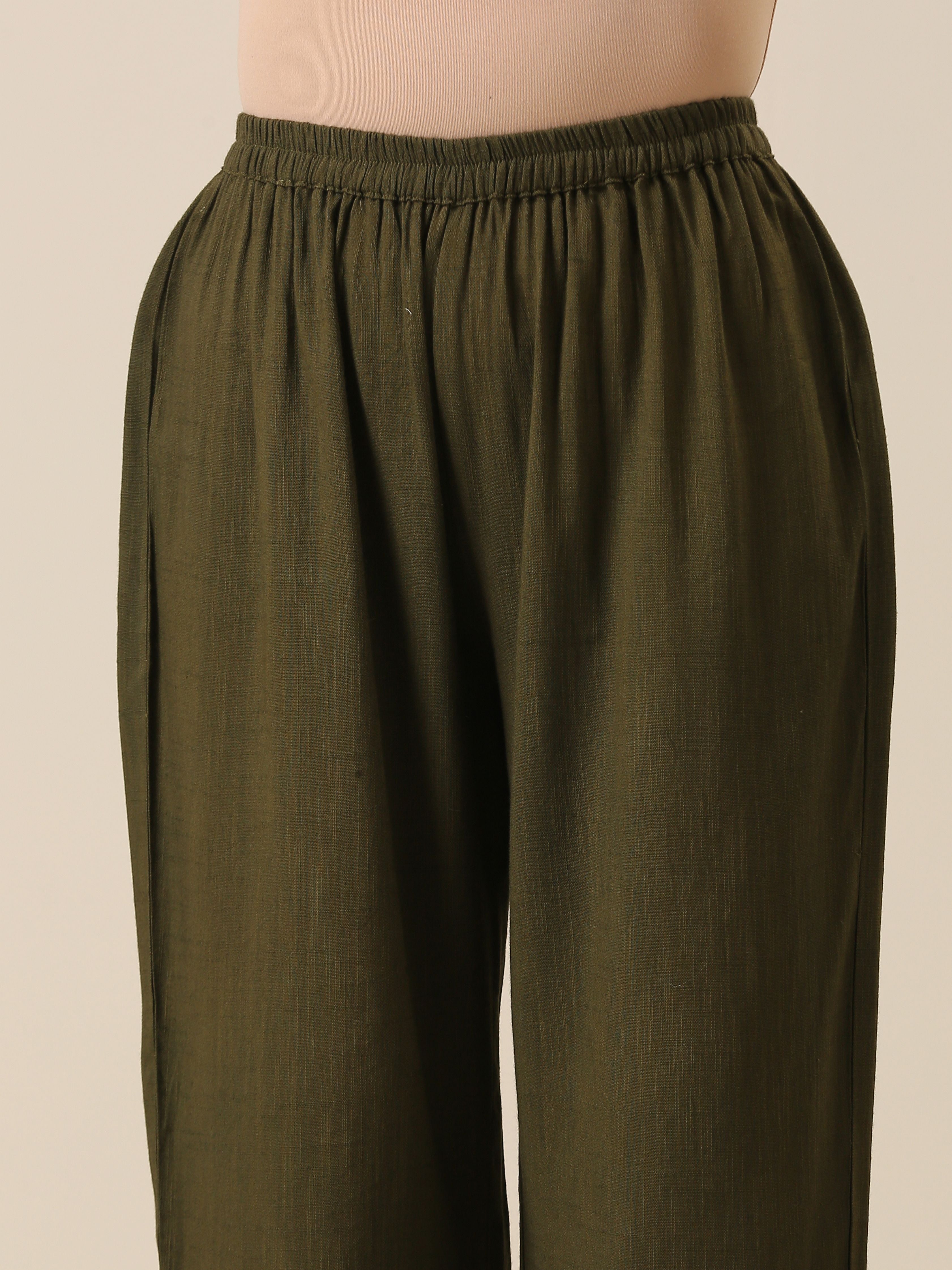 trueBrowns Olive Green Slub Texture Kurta Pant Set