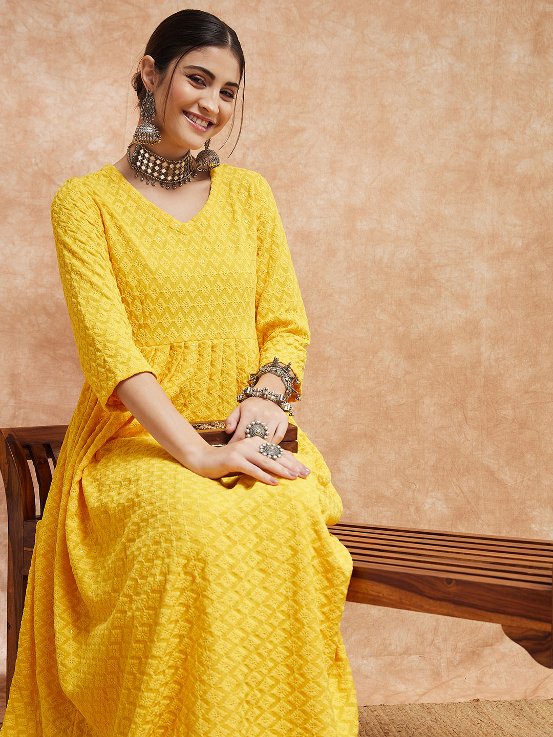 InWeave Women's Butter Yellow Chikankari Long Anarkali Kurta Sharara Set
