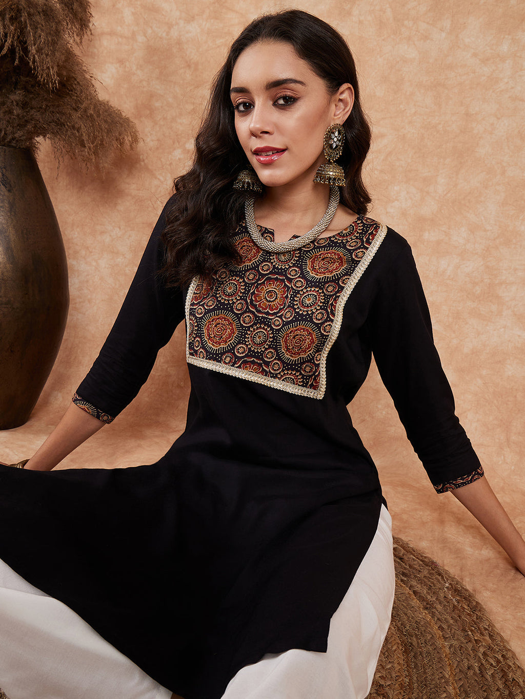 InWeave Women's Black Printed Neck Patch Work Straight Kurta