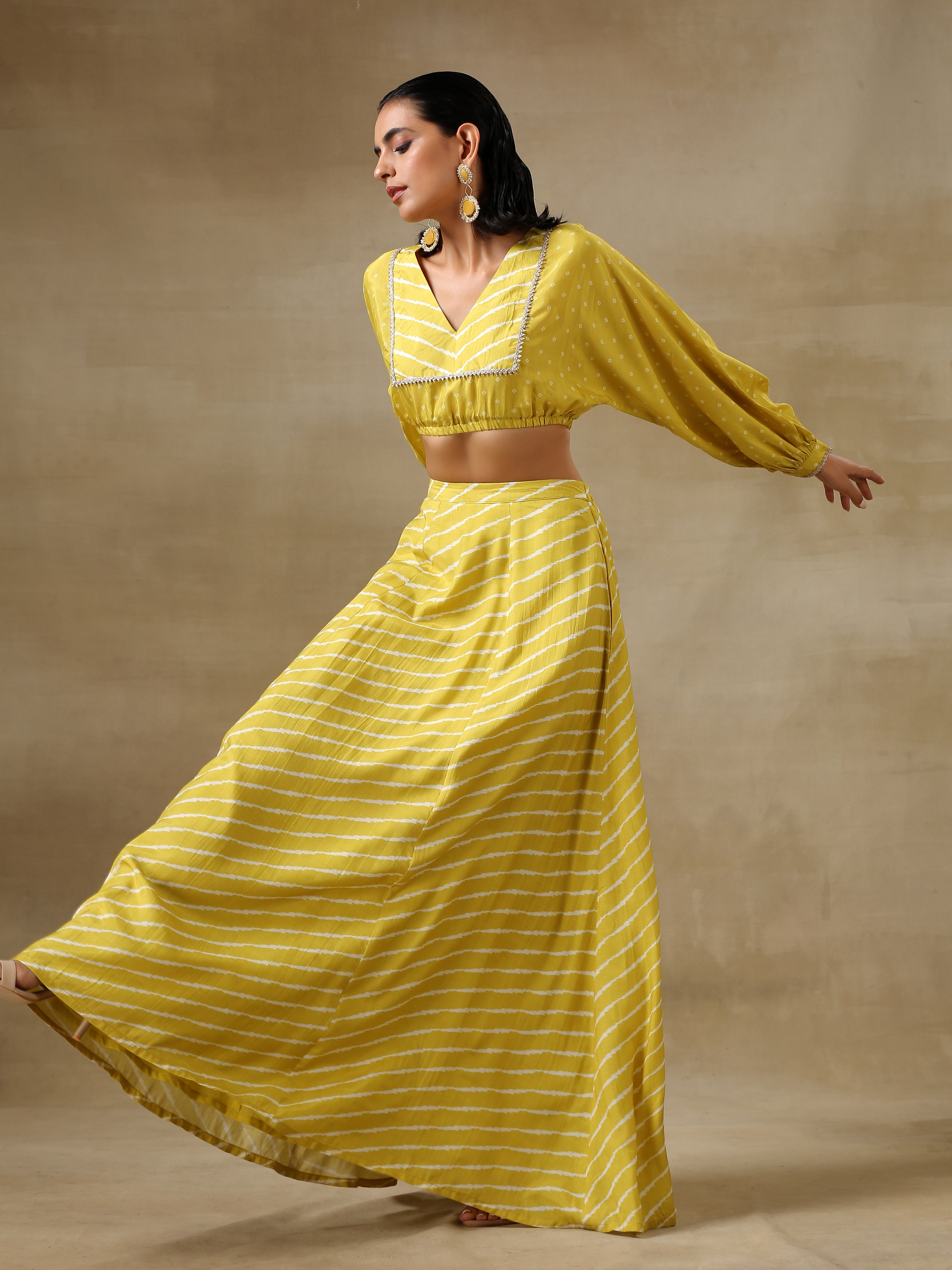 trueBrowns Lime Green Bandhani Printed Silk Top Skirt Set