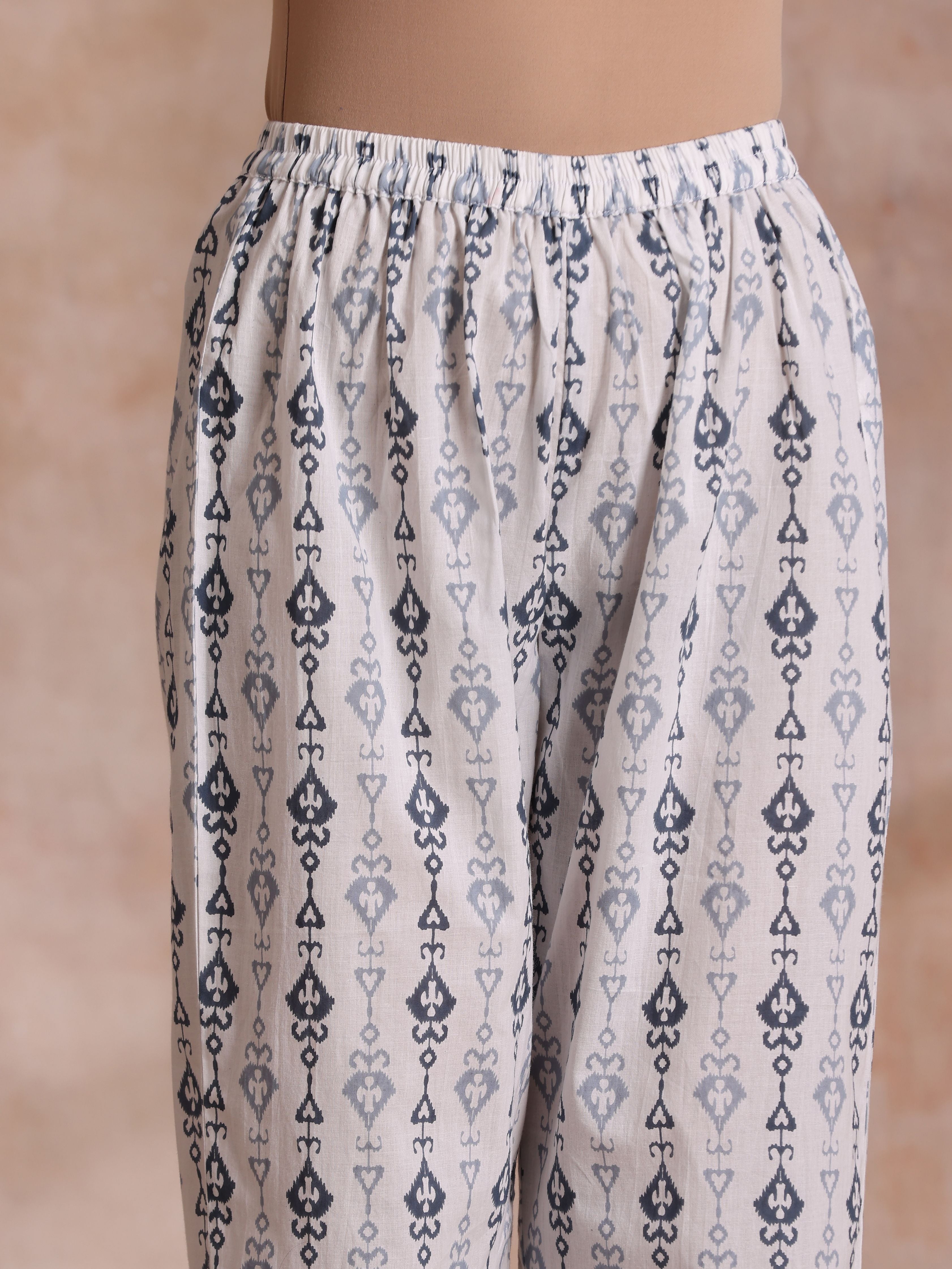 trueBrowns Grey On White Ikat Print Cotton Baggy Sleeve Co-Ord Set