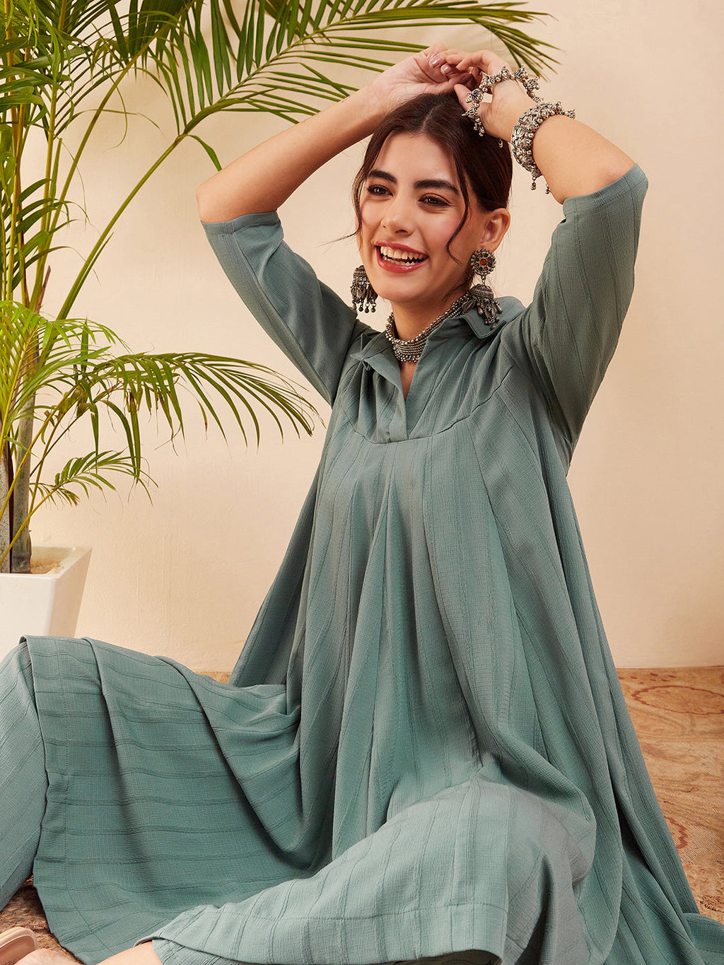 InWeave Women's Light Mint Collared Neck Flared Kurta Pant Set