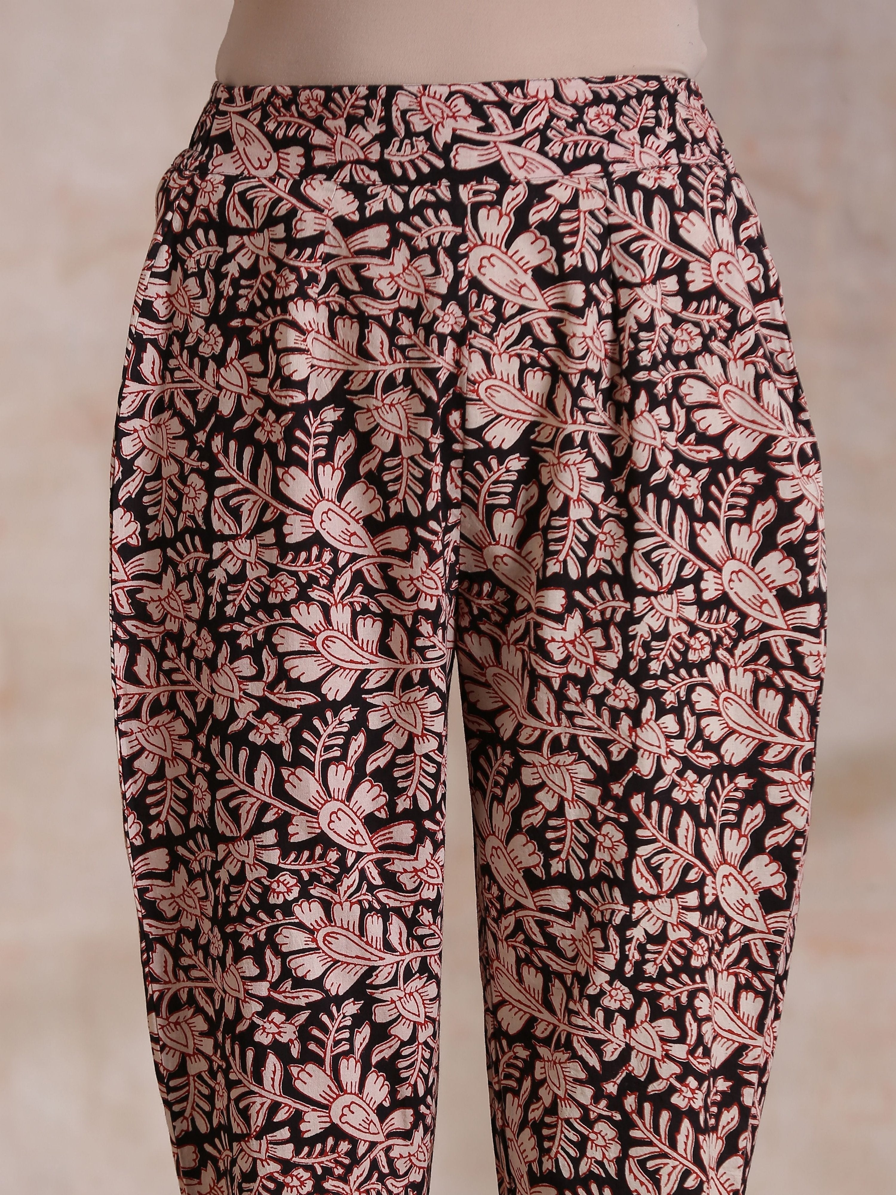 trueBrowns Black Floral Overall Bagru Print Cotton Pant Suit Set