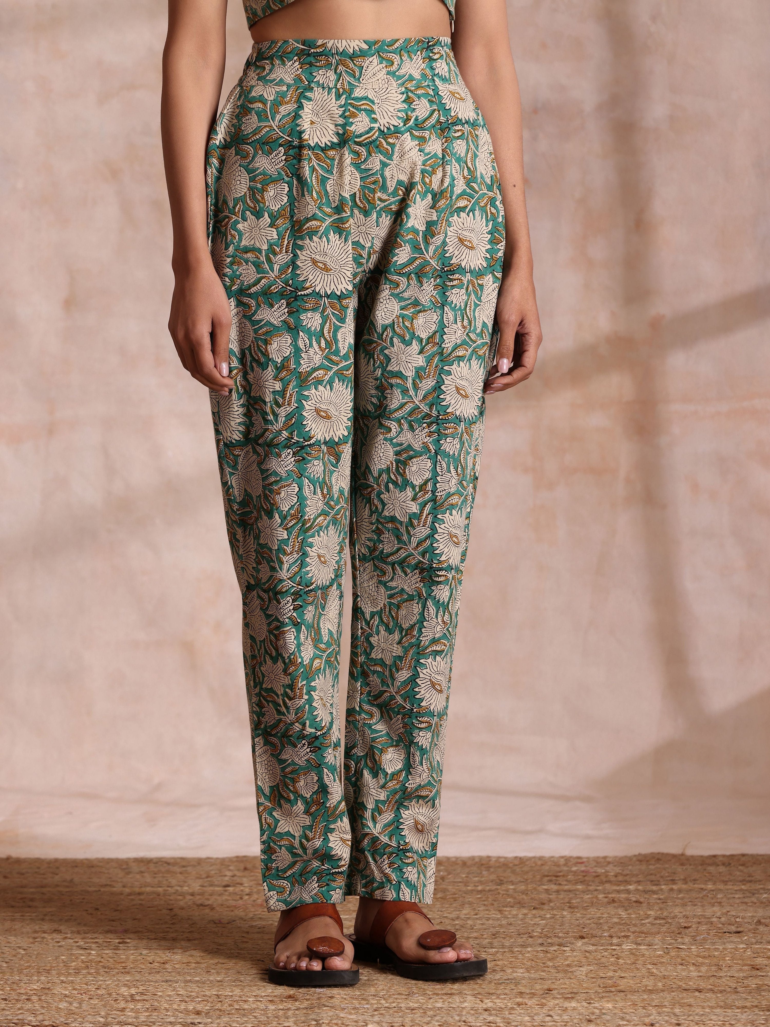 trueBrowns Fern Green Overall Floral Block Print Cotton Pant Suit Set