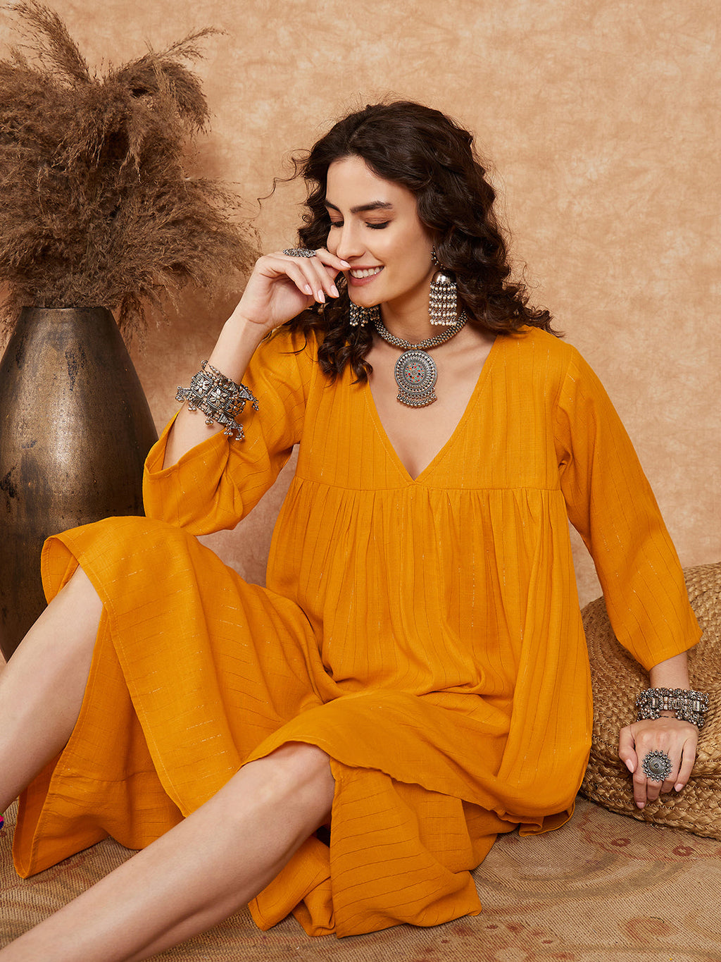 InWeave Women's Mustard Lurex Flared V Neck Kurta Palazzo Set