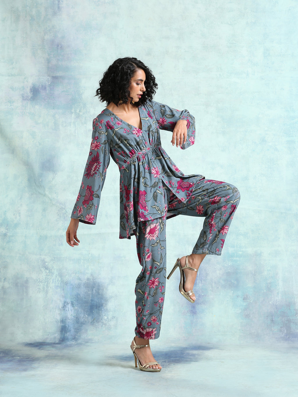 trueBrowns Grey Printed Velvet Co-Ord Set