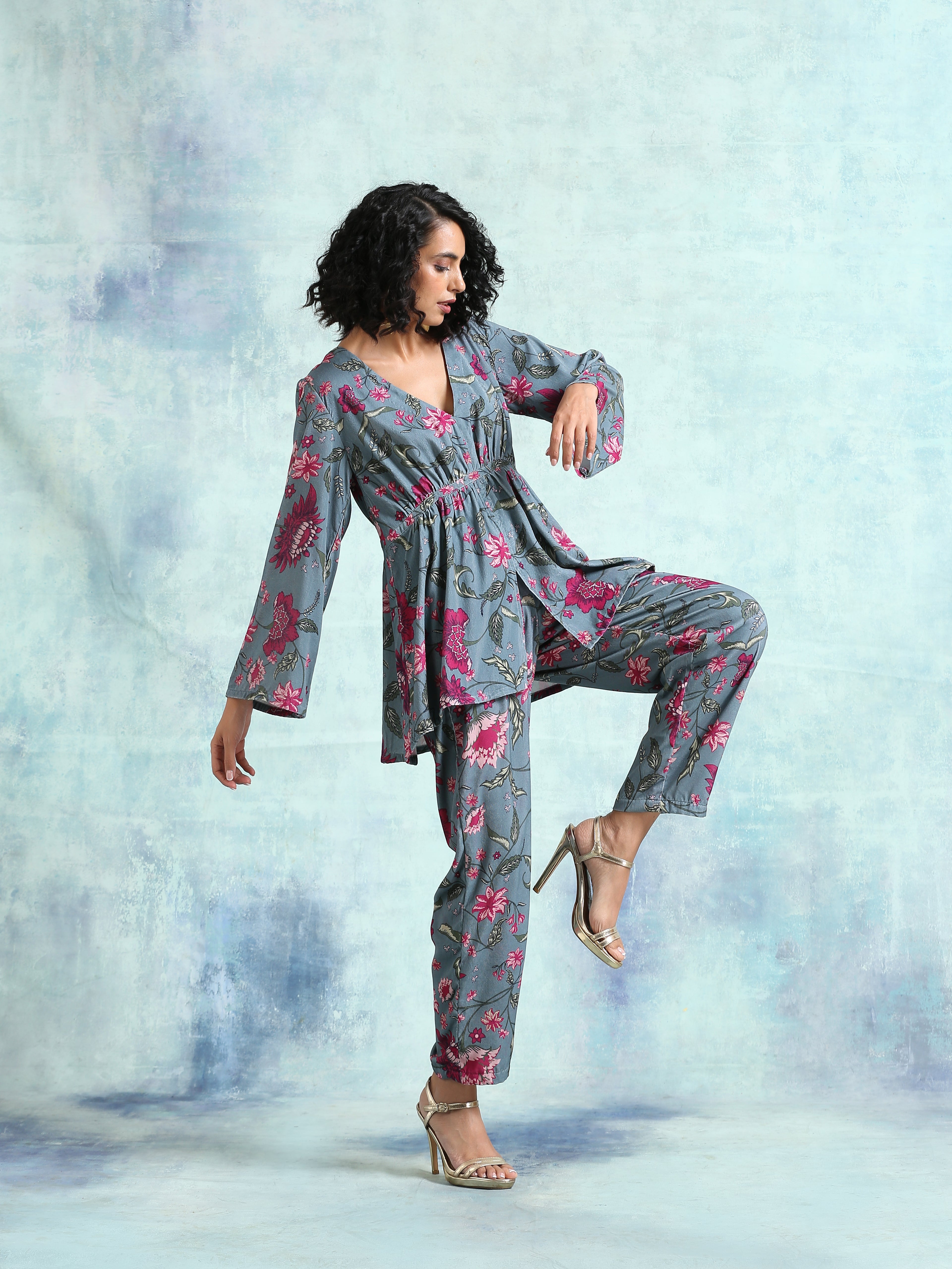 trueBrowns Grey Printed Velvet Co-Ord Set
