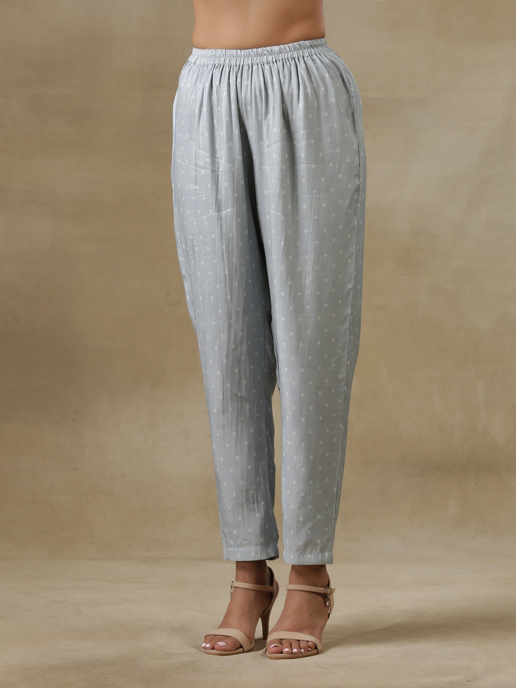 trueBrowns Grey Bandhani Printed Silk One-Shoulder Kurta Pant Set