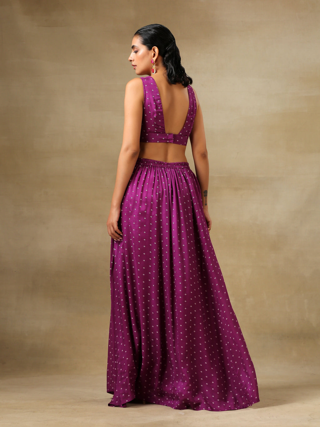 trueBrowns Purple Bandhani Printed Silk Top Skirt Jacket Set