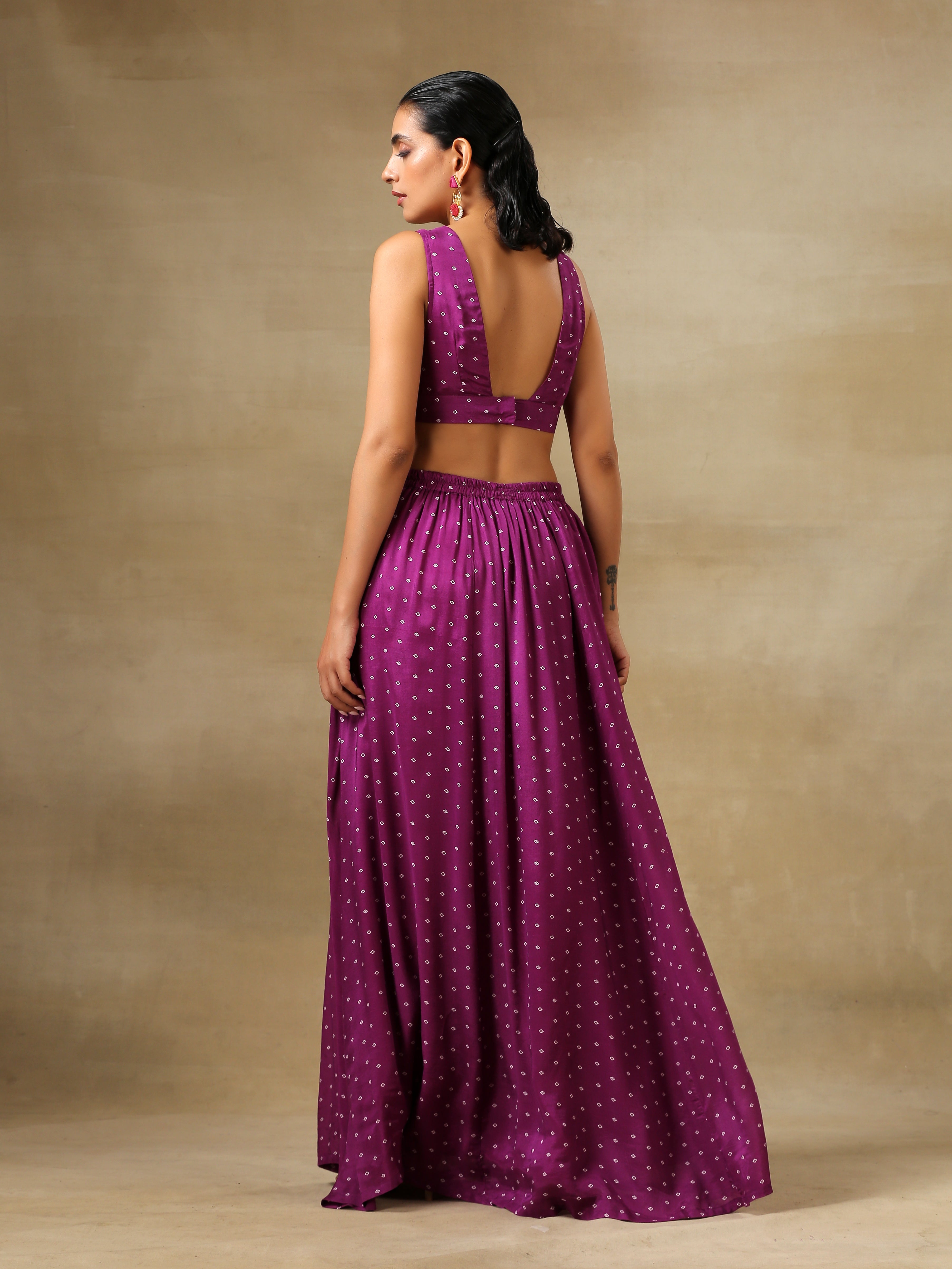 trueBrowns Purple Bandhani Printed Silk Top Skirt Jacket Set