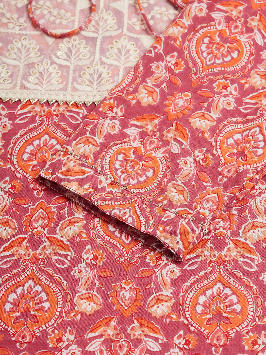 InWeave Women's Dusty Pink Paisley Patch Straight Kurta