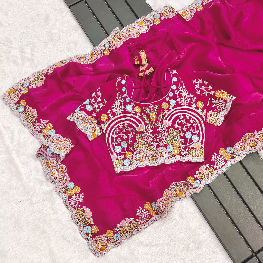 Lorenvalley Fashion Magenta Jimmy Choo with Embroidery Threads Codding & Sequins Work Saree with Blouse
