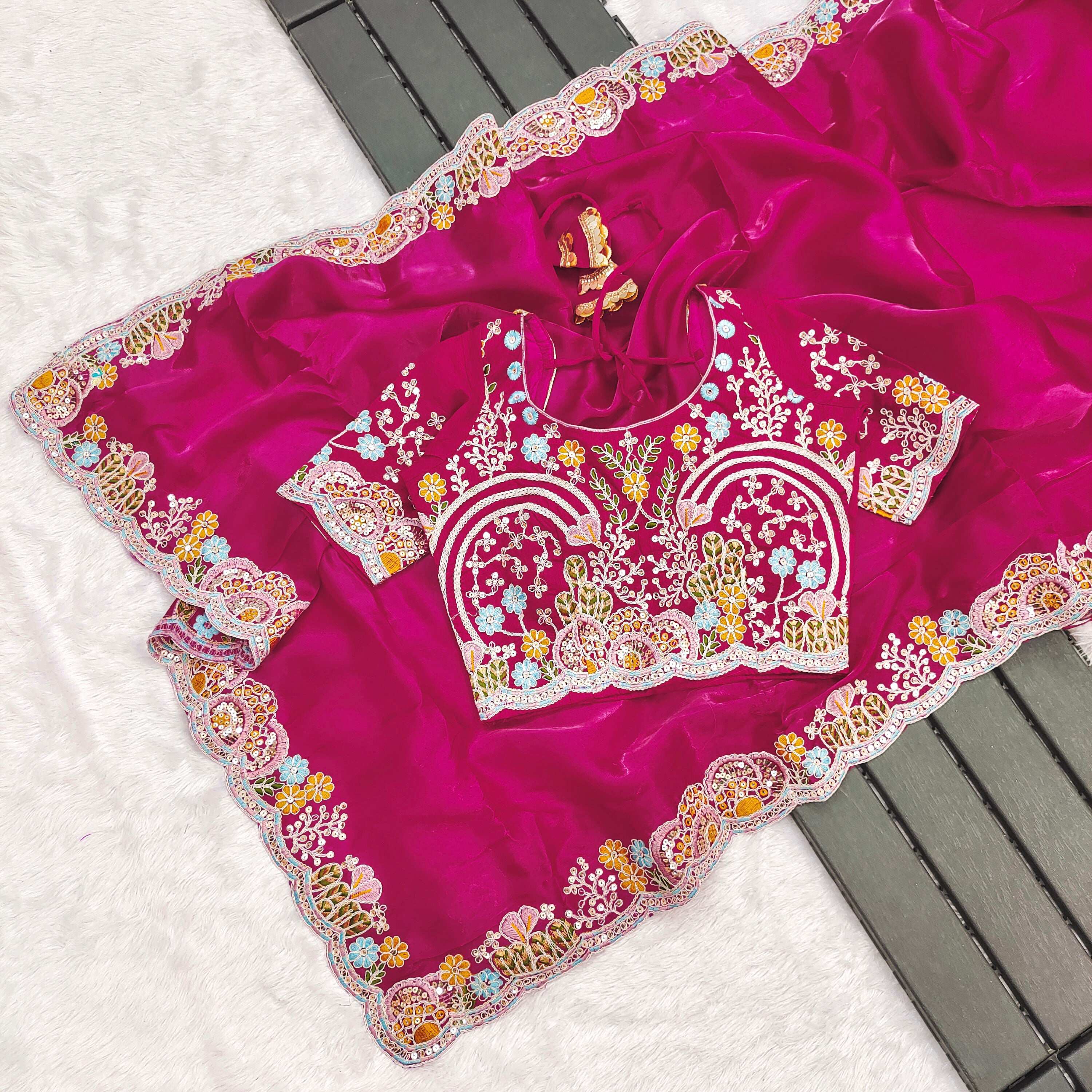 Lorenvalley Fashion Magenta Jimmy Choo with Embroidery Threads Codding & Sequins Work Saree with Blouse