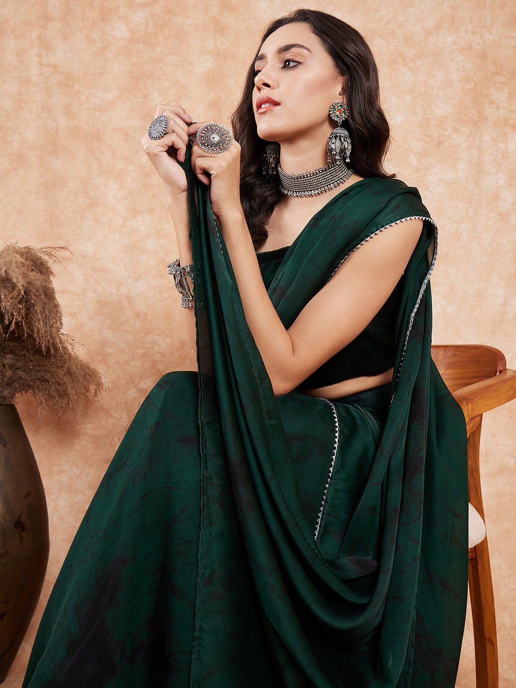 InWeave Women's Dark Green Black Gota Skirt Saree