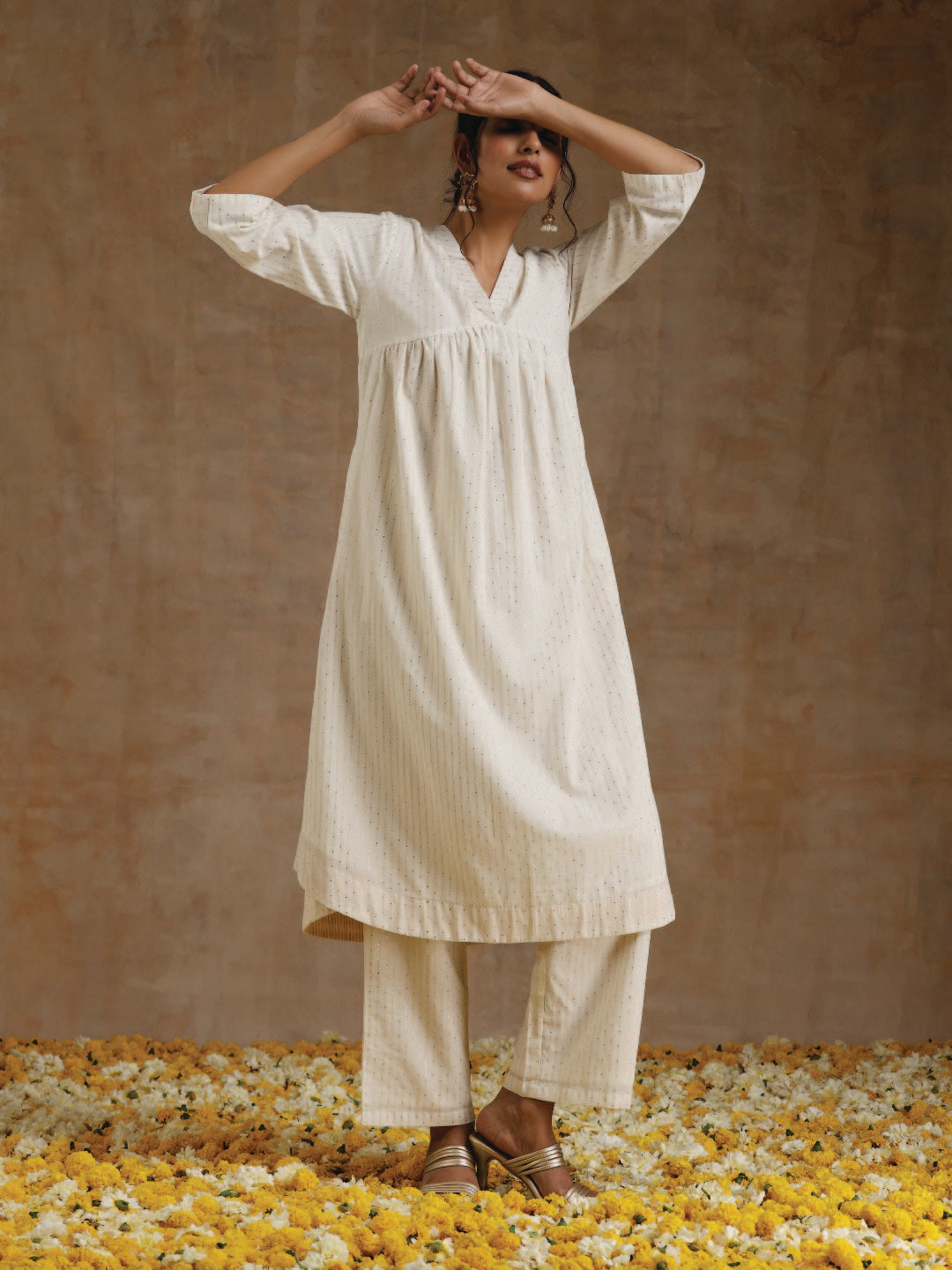 trueBrowns Ivory Gold Cotton Flared Kurta Set
