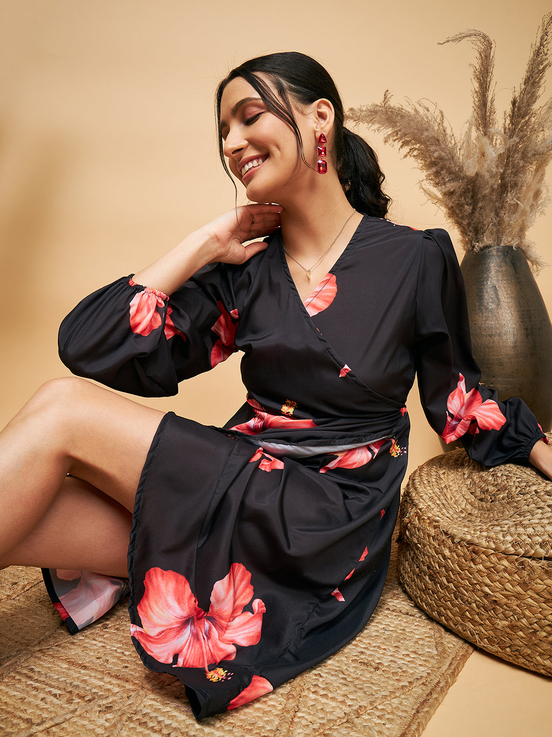 InWeave Women's Black Red Big Flower Belted Dress