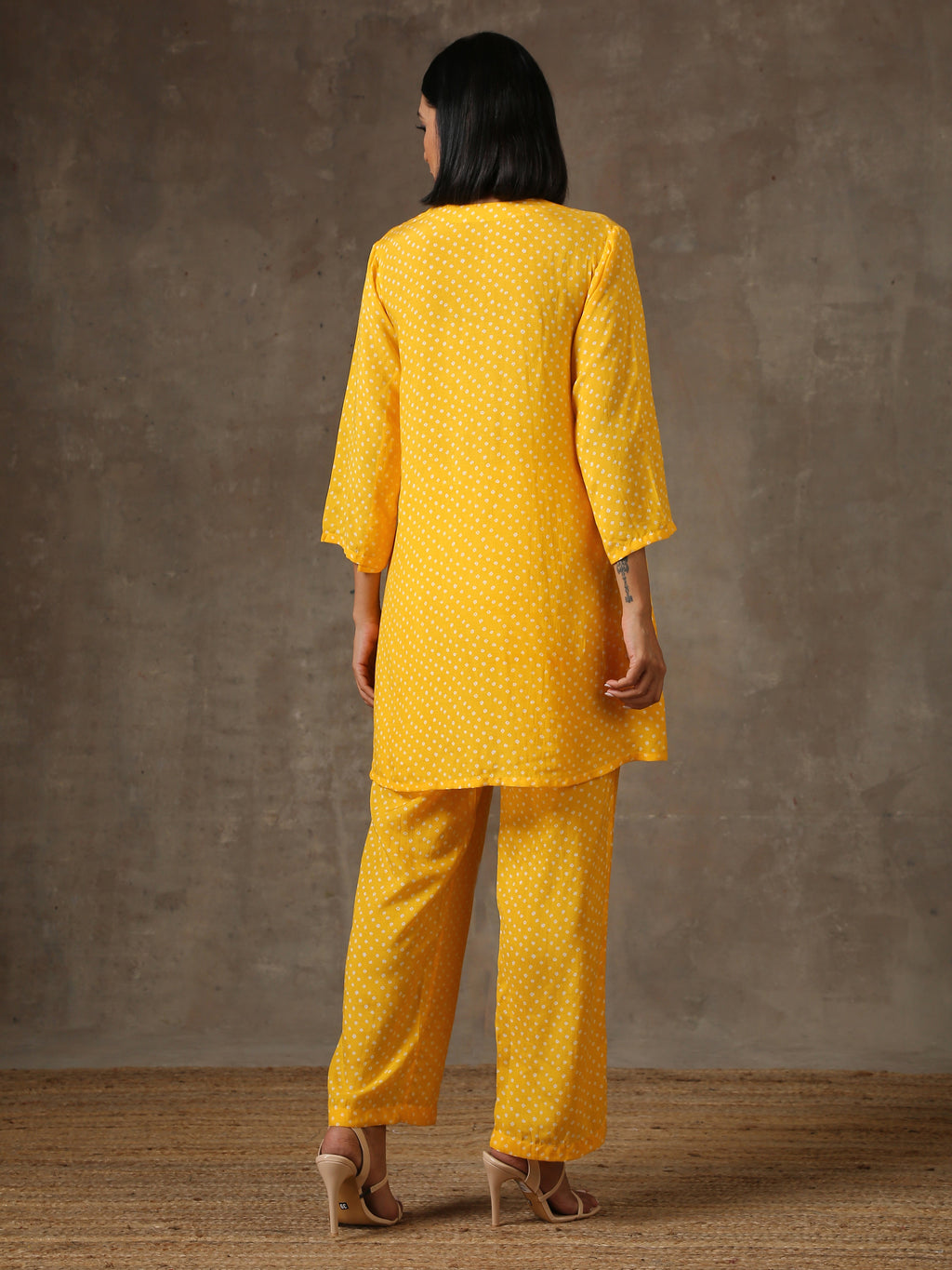 trueBrowns Yellow Bandhani Flare Printed Silk Co-Ord Set