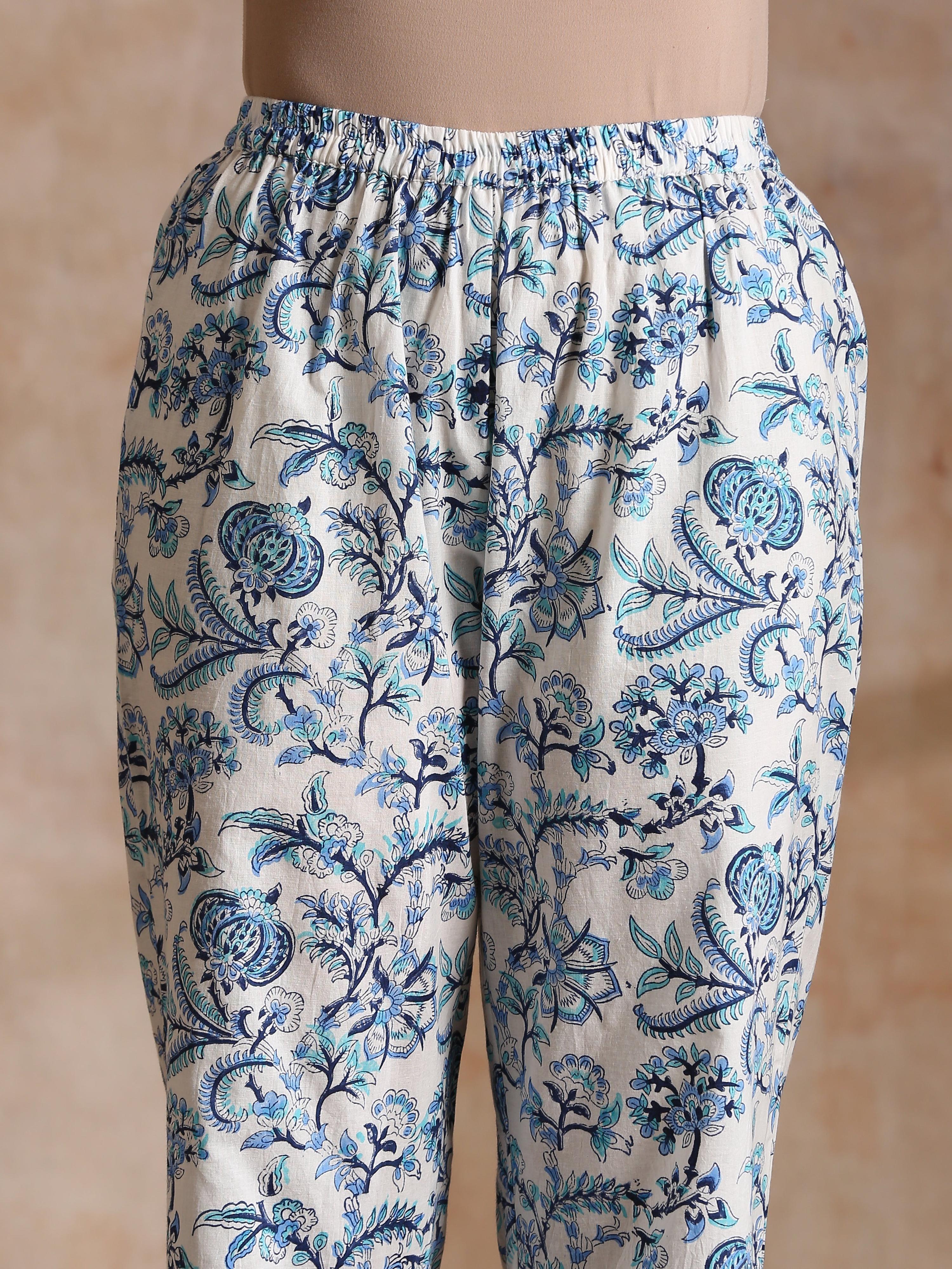 trueBrowns White With Overall Blue Print Cotton Angrakha Kurta Pant Set