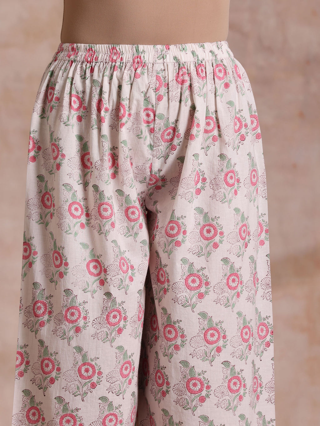 trueBrowns Pink Green Buta On White Block Print Cotton High-Low Co-Ord Set