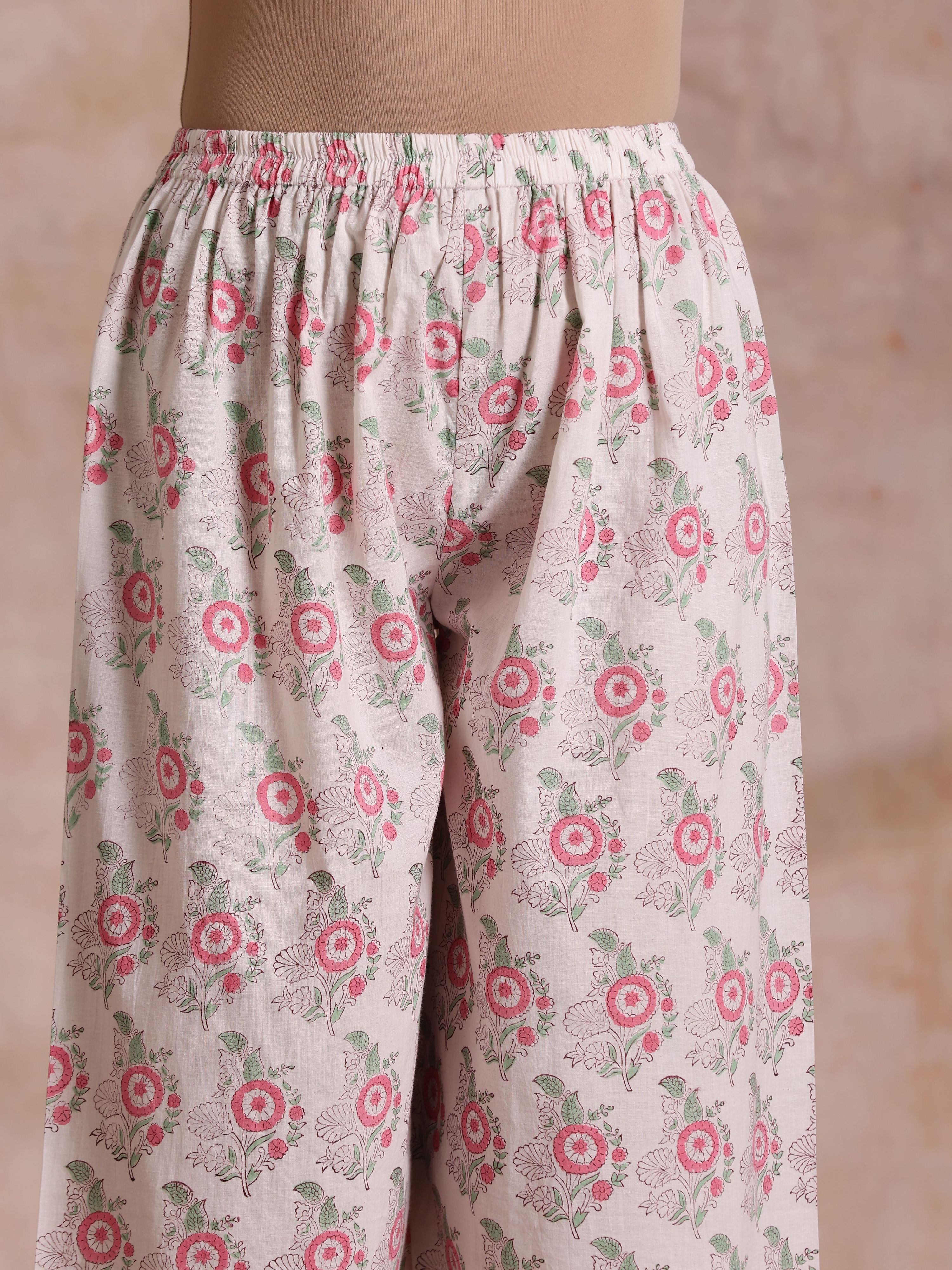 trueBrowns Pink Green Buta On White Block Print Cotton High-Low Co-Ord Set