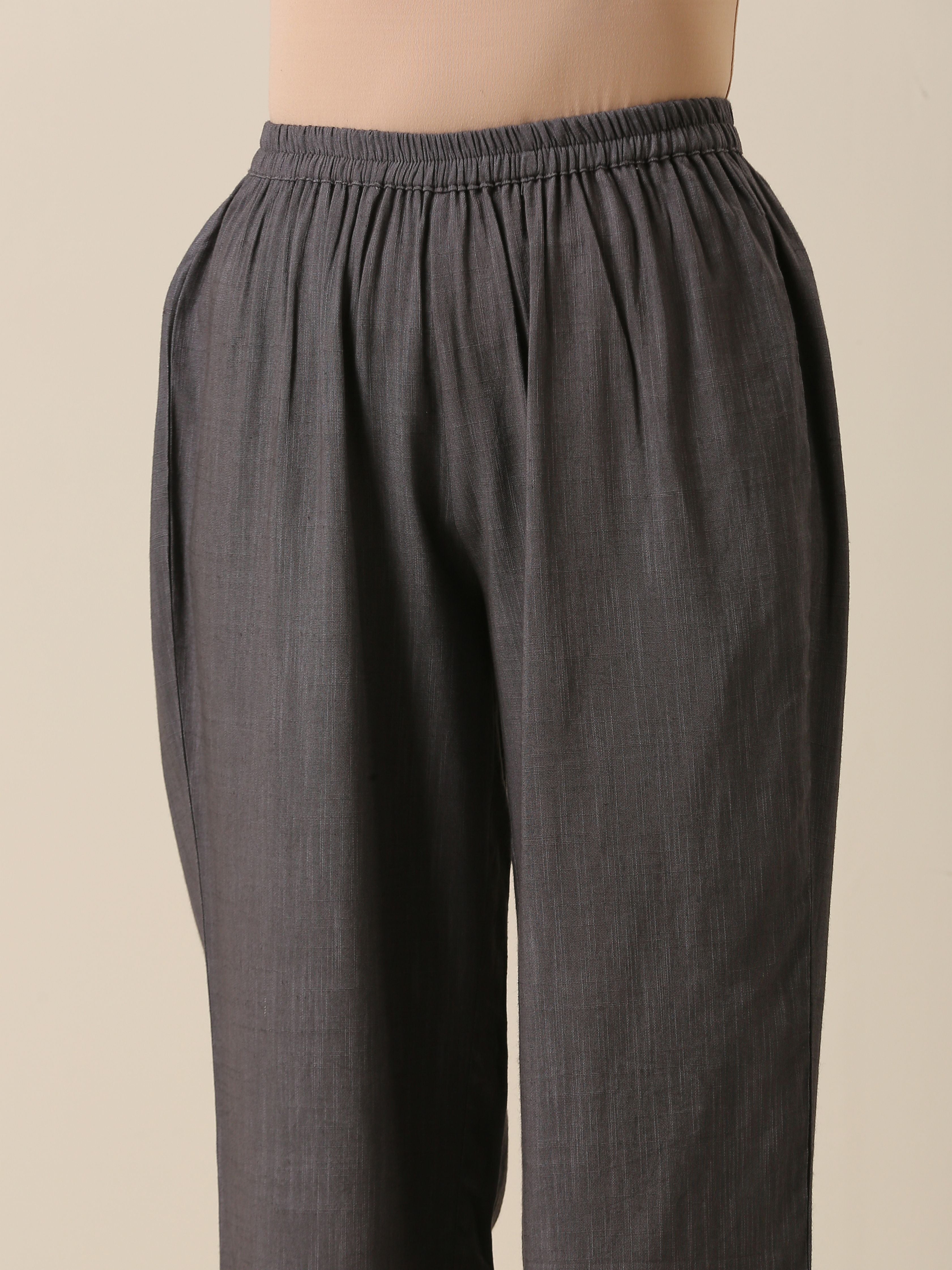 trueBrowns Slate Grey Slub Texture Overlap Pleat Kurta Pant Set