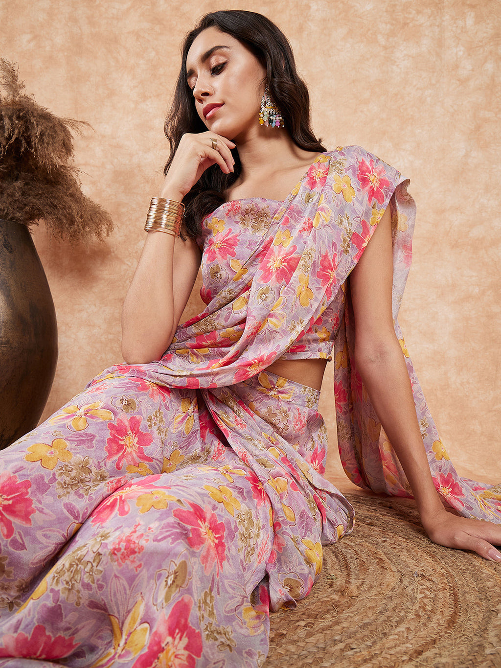 InWeave Women's Pastel Mauve Hibiscus Floral Skirt Saree