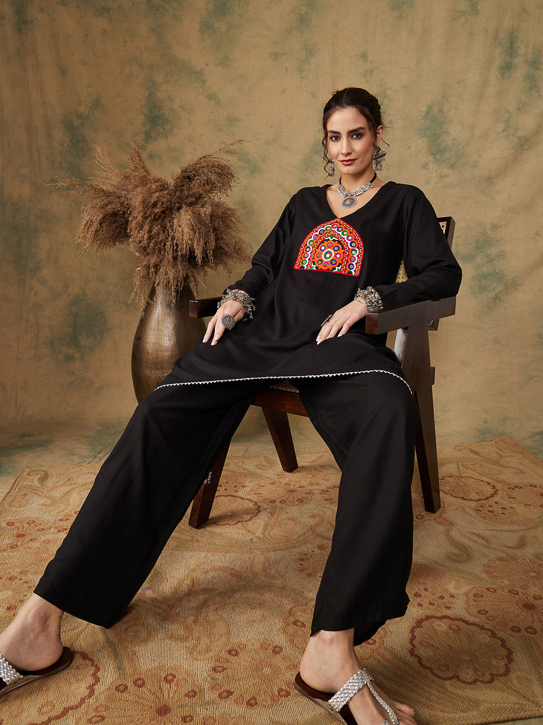 InWeave Women's Black Trangle Maroon Patch Work Assymentrical Kurta Set