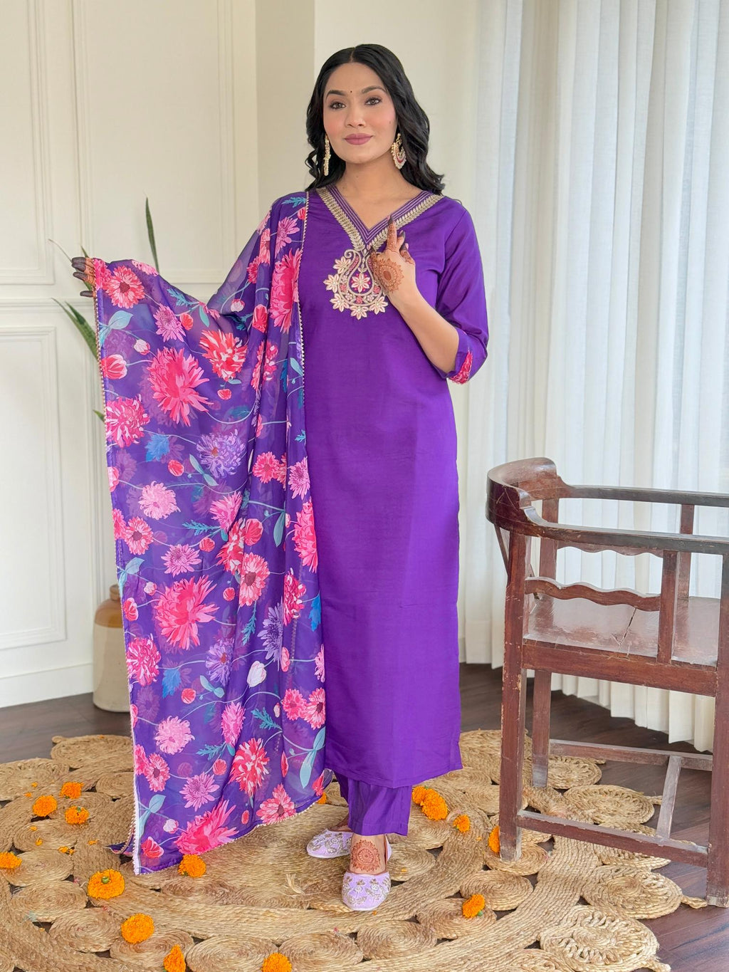 The52 Women's Beautiful Roman Silk Embroidered Straight Kurta with Pant And Dupatta Set