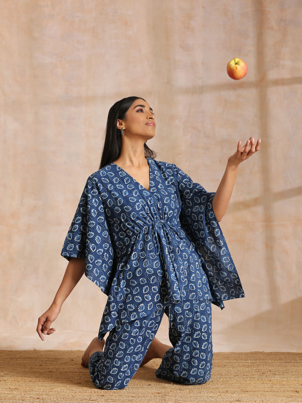 trueBrowns Indigo Dabu Floral Print Cotton Kaftan Co-Ord Set