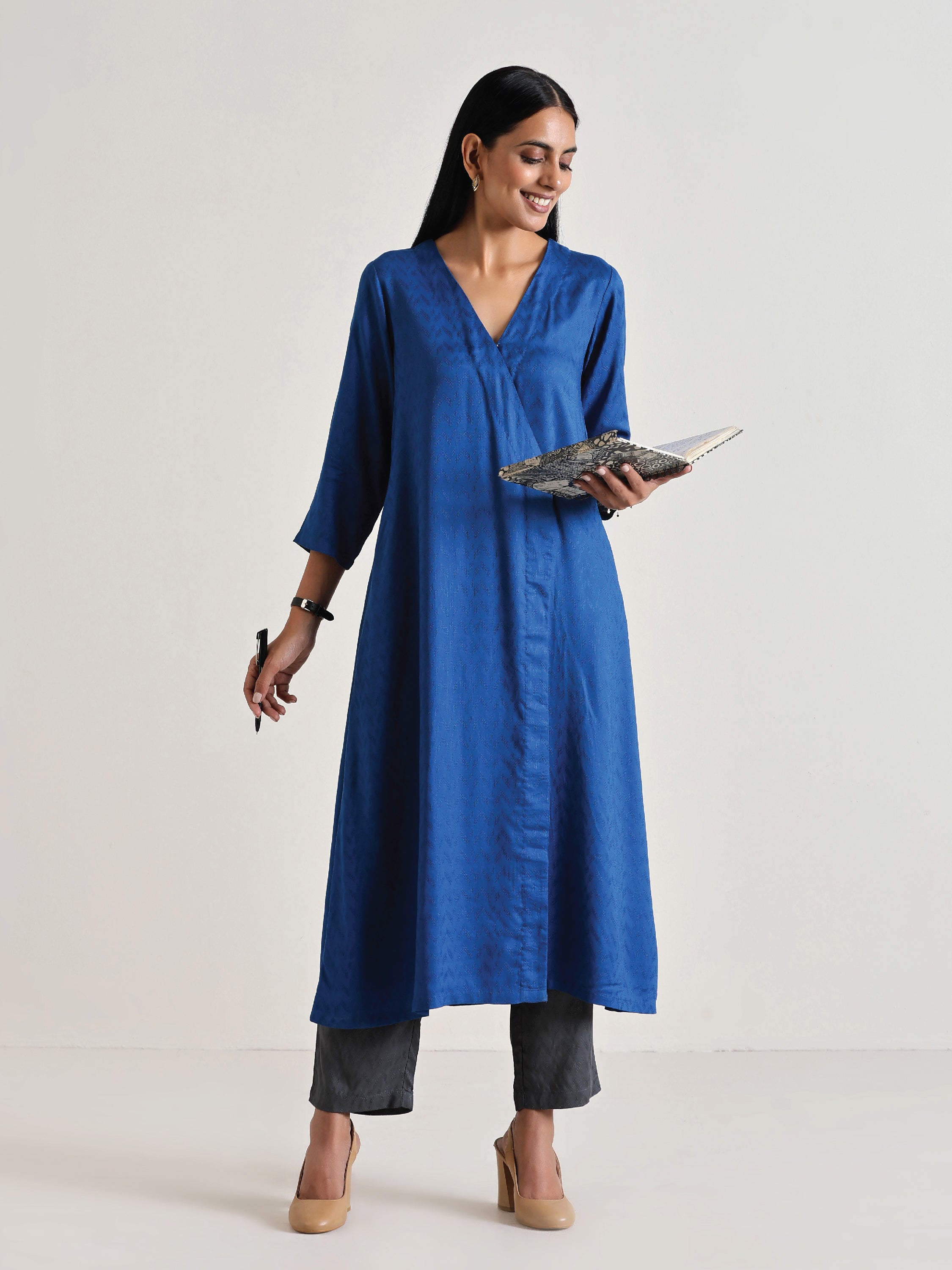 trueBrowns Ink Blue Angrakha Kurta Set