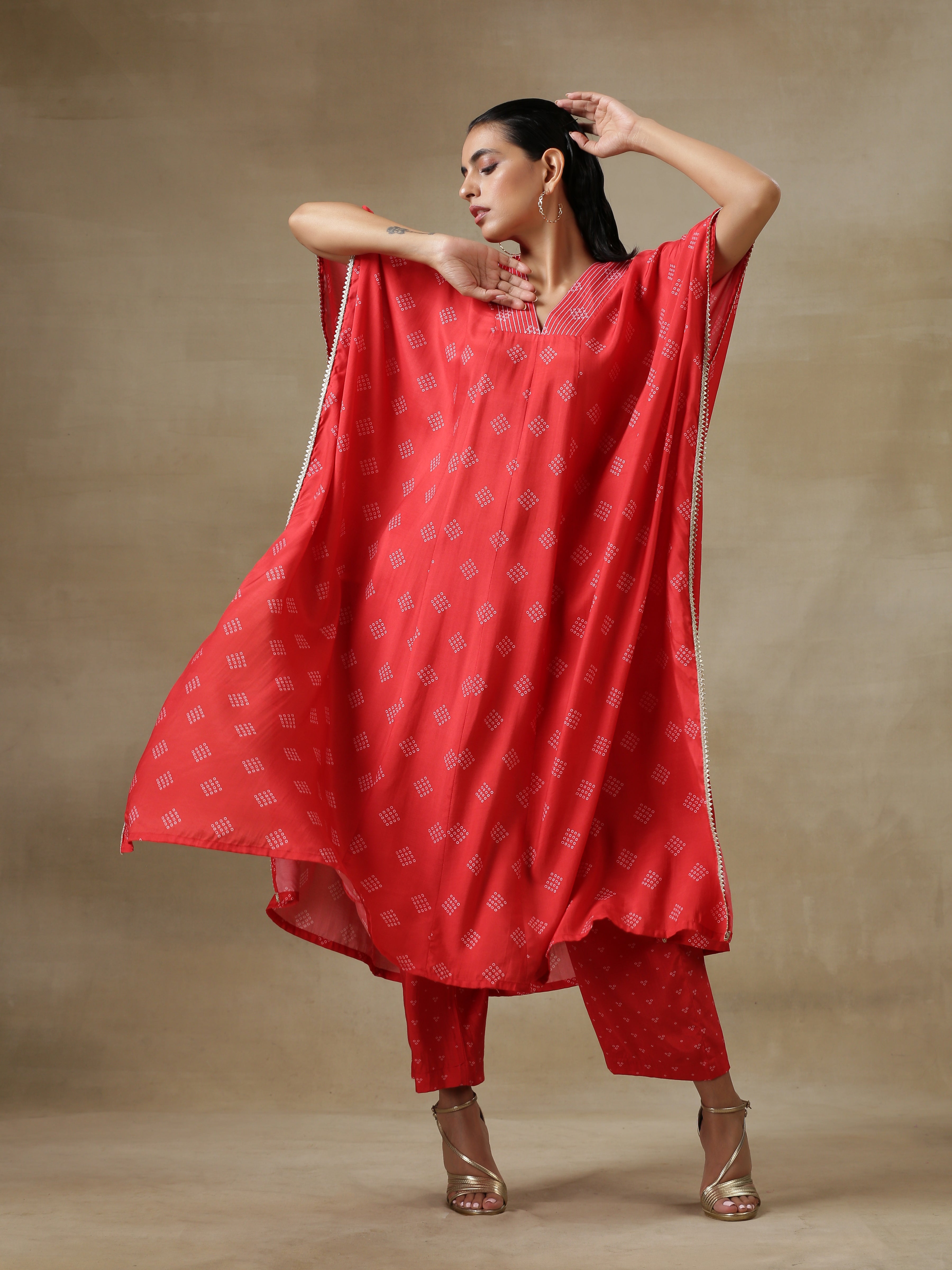 trueBrowns Red Bandhani Printed Silk Panel Kaftan Kurta Pant Set