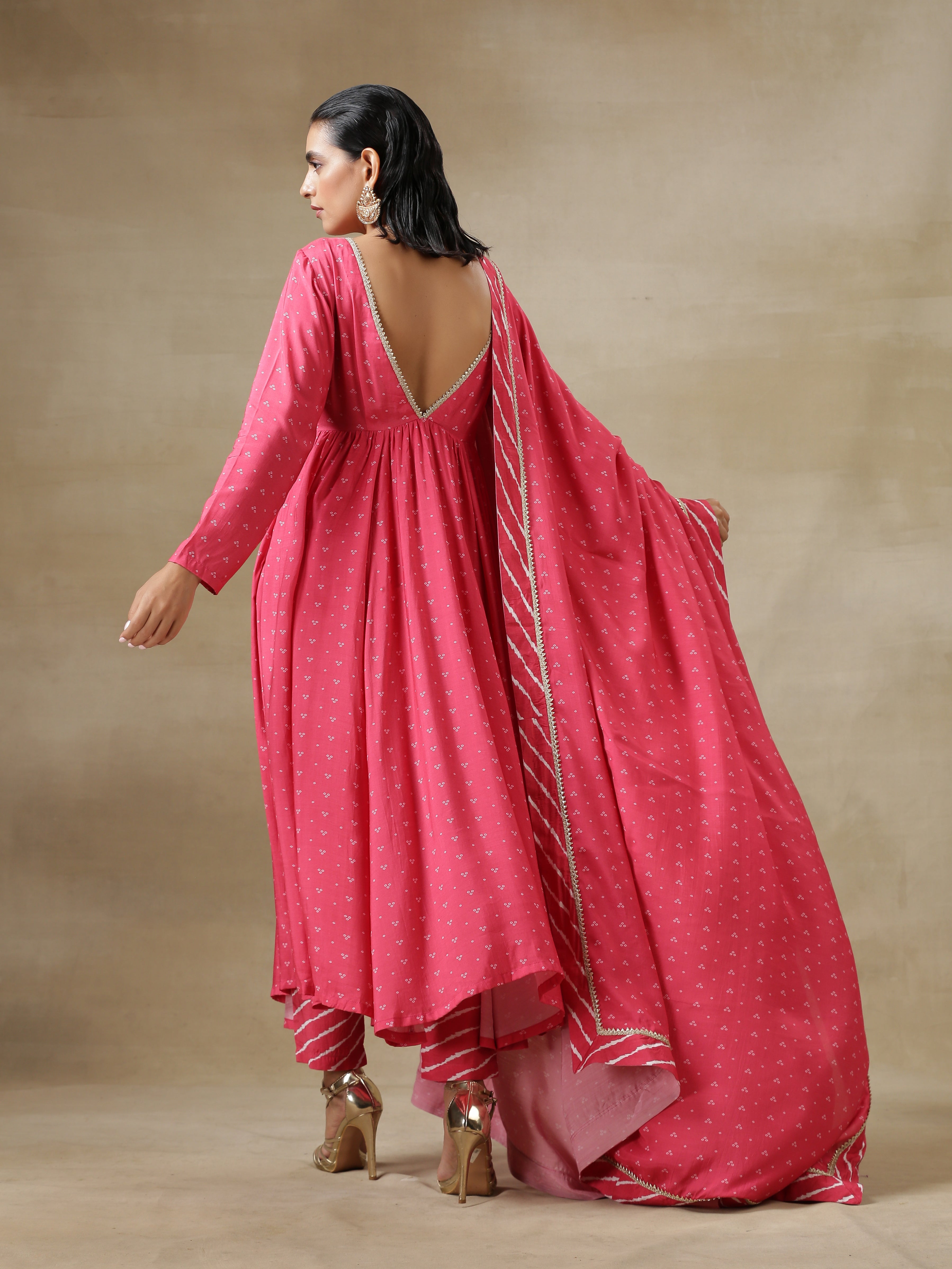 trueBrowns Pink Bandhani Printed Silk Anarkali Kurta Pant Dupatta Set
