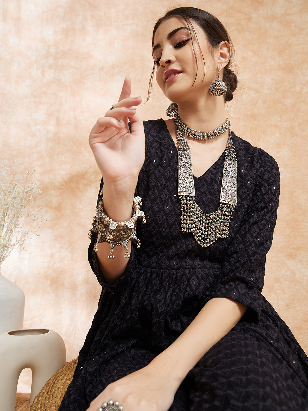 InWeave Women's Black Chikankari Long Anarkali Kurta Sharara Set