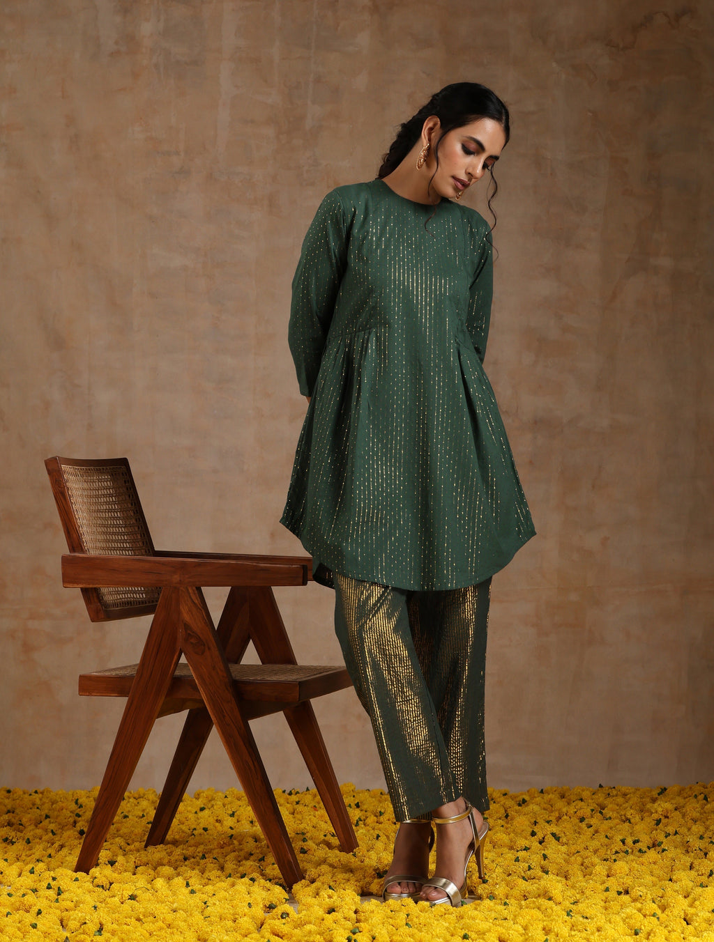 trueBrowns Dark Green Gold Cotton Side Gather Co-Ord Set