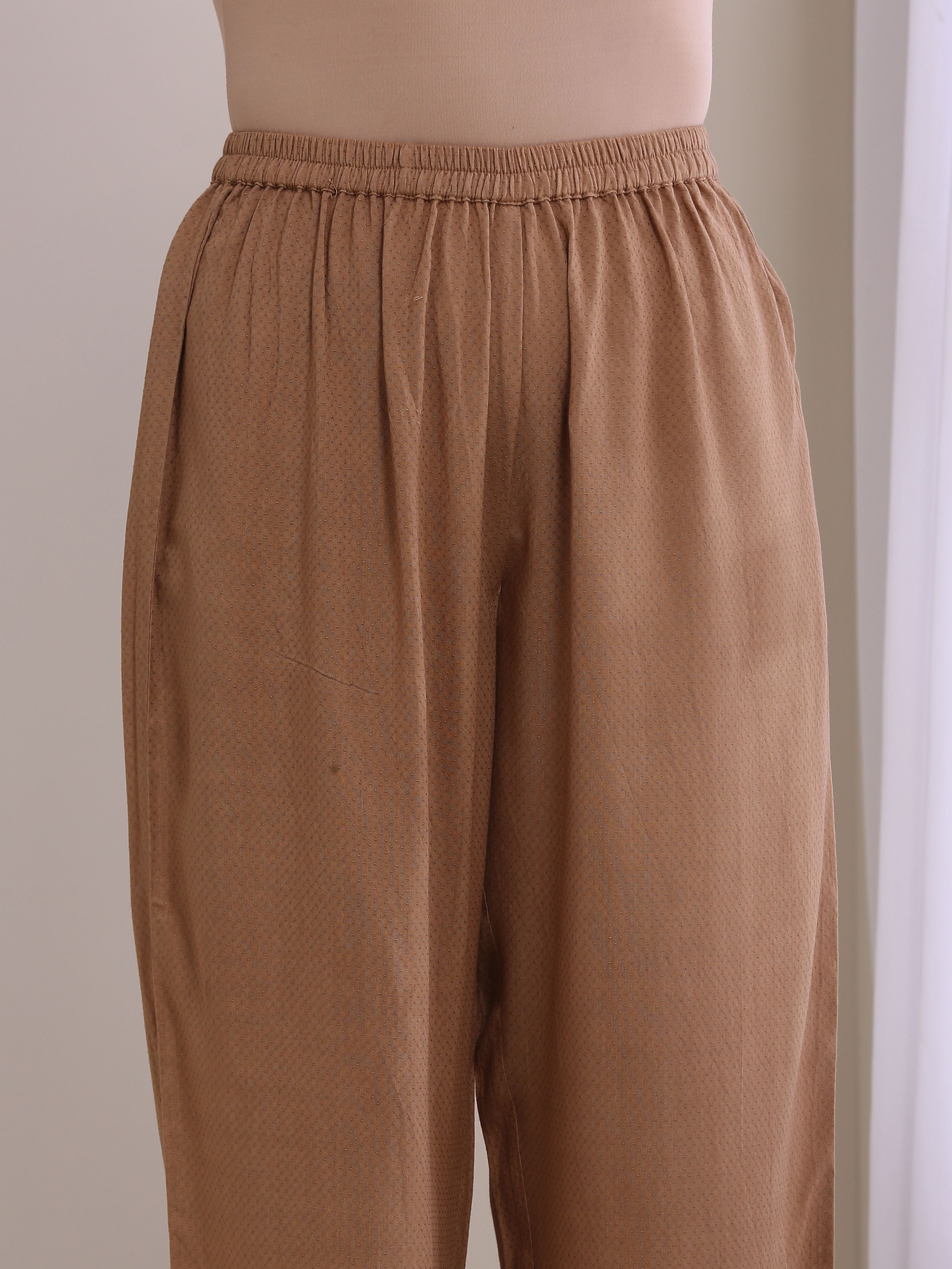 trueBrowns Beige Dobby Gathered Kurta Pant Set