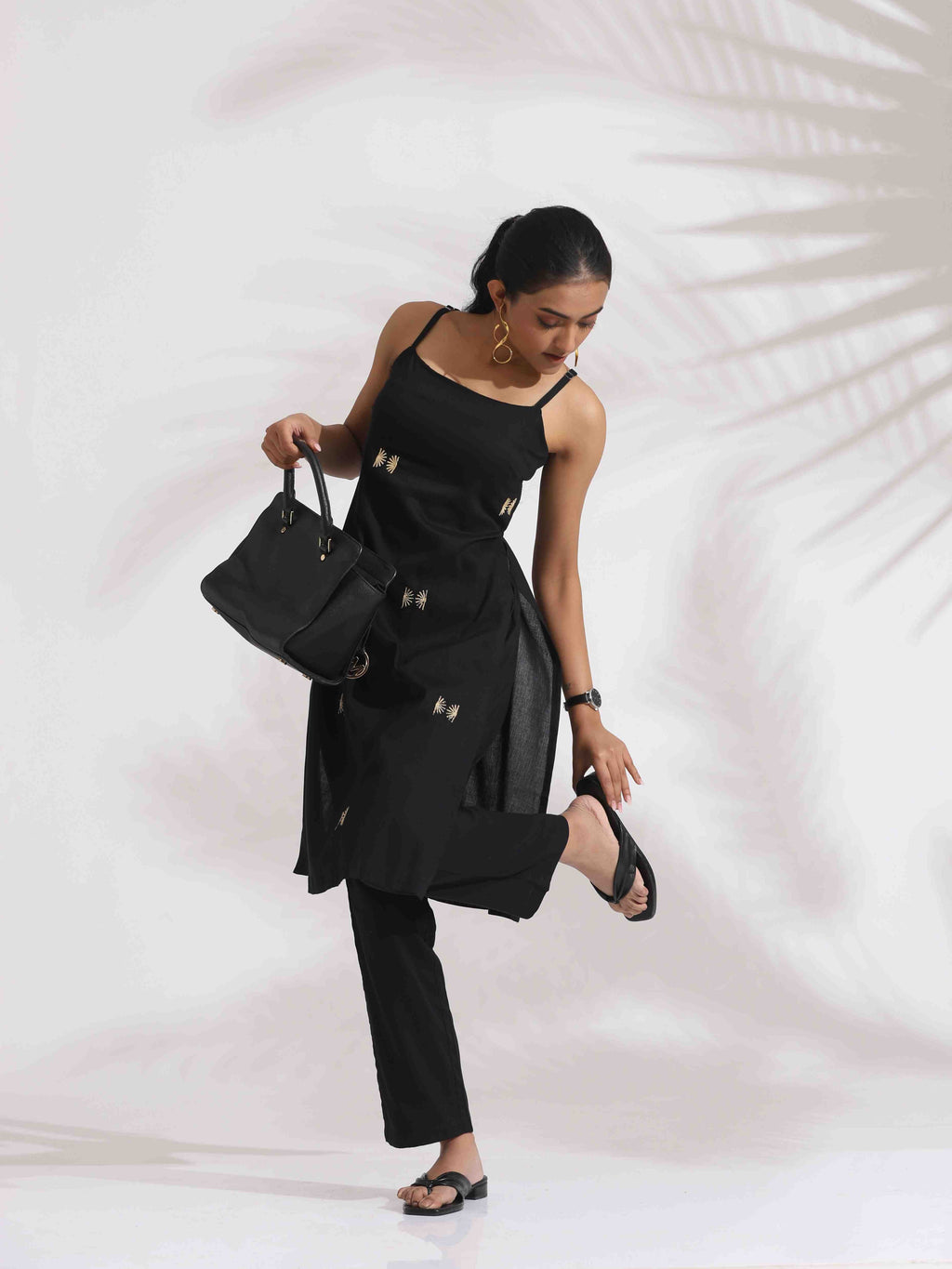 trueBrowns Black Cotton Embroidered Straight Kurta Set