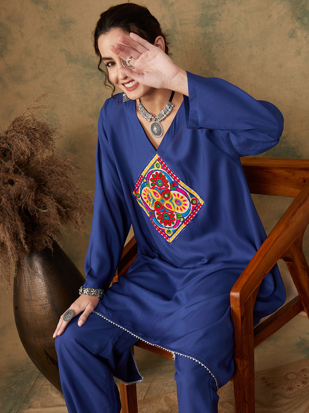 InWeave Women's Ink Blue Square Yellow Patch Work Assymentrical Kurta Set