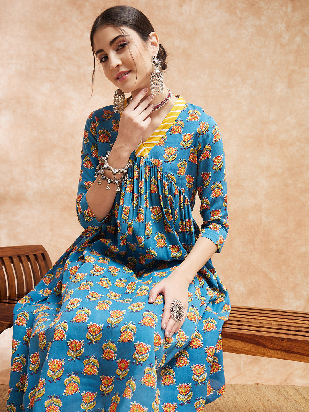 InWeave Women's Blue Orange Floral Yellow White Leh V Neck Kurta Set