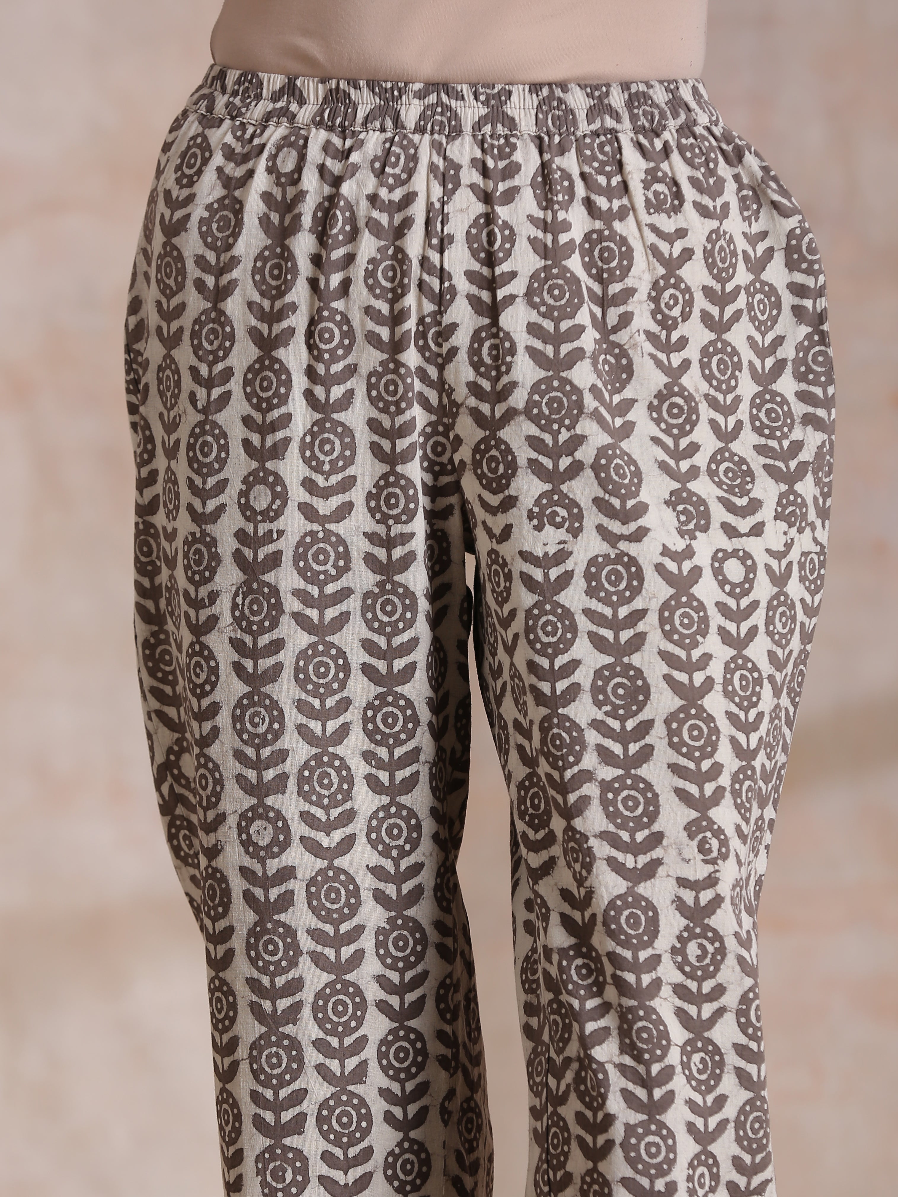 trueBrowns Clay Dabu Overall Print Cotton Panel Kaftan Kurta Pant Set