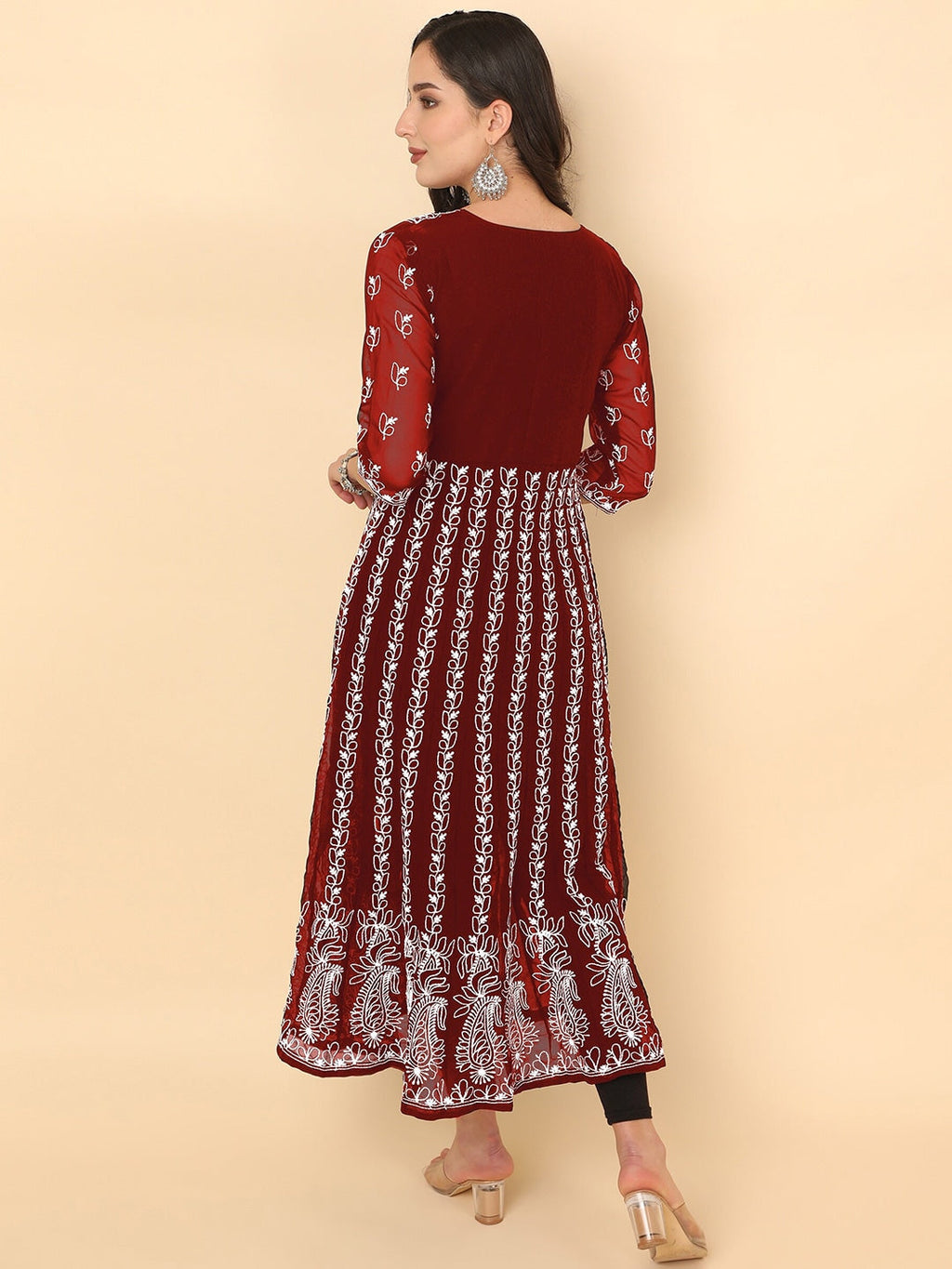 HERE&NOW Scoop Neck Chikankari Embroidered Thread Work Georgette Anarkali Kurta