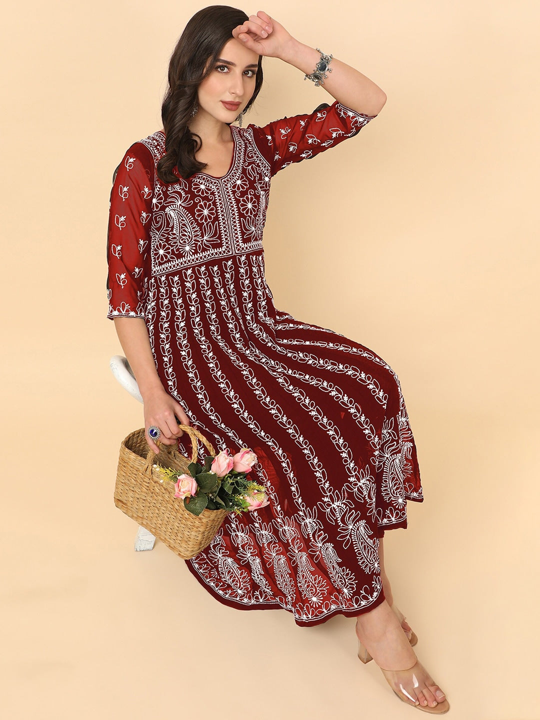 HERE&NOW Scoop Neck Chikankari Embroidered Thread Work Georgette Anarkali Kurta