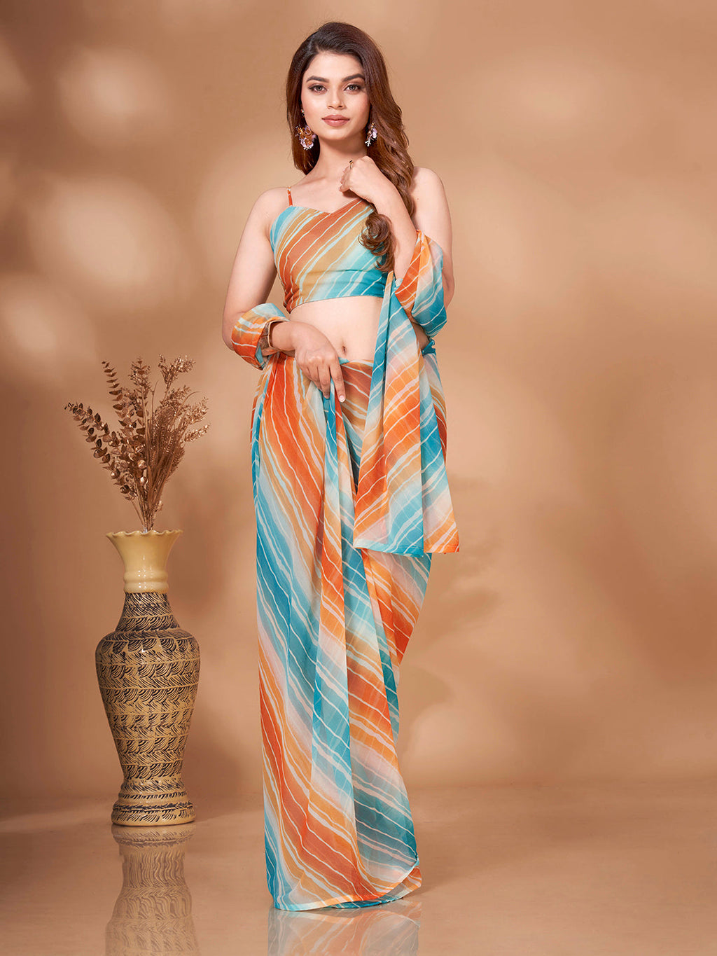 Tikhi Imli Striped Georgette Leheriya Ready to Wear Saree