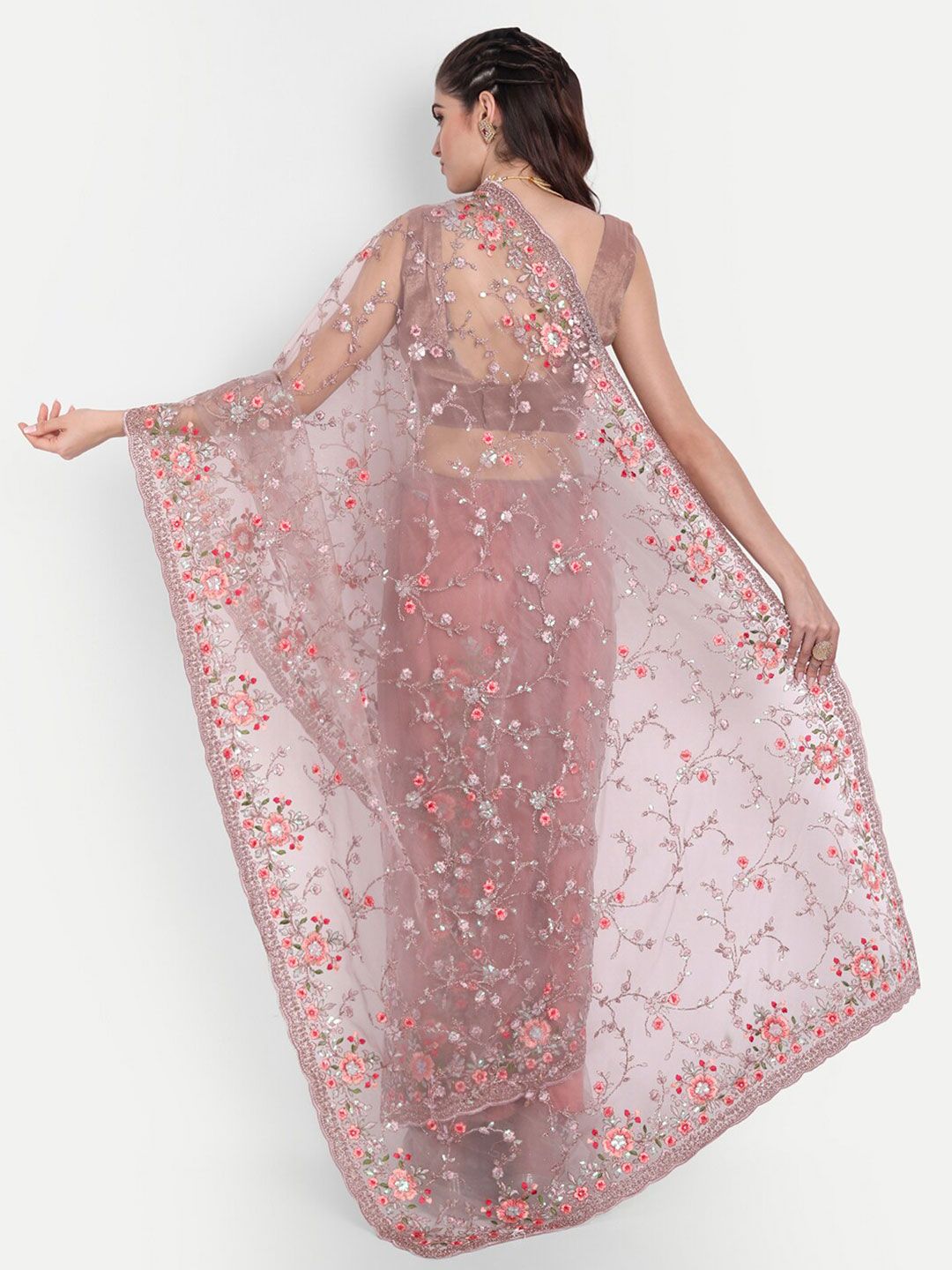 kasee Kasee Lavender & Red Floral Embroidered Net Saree