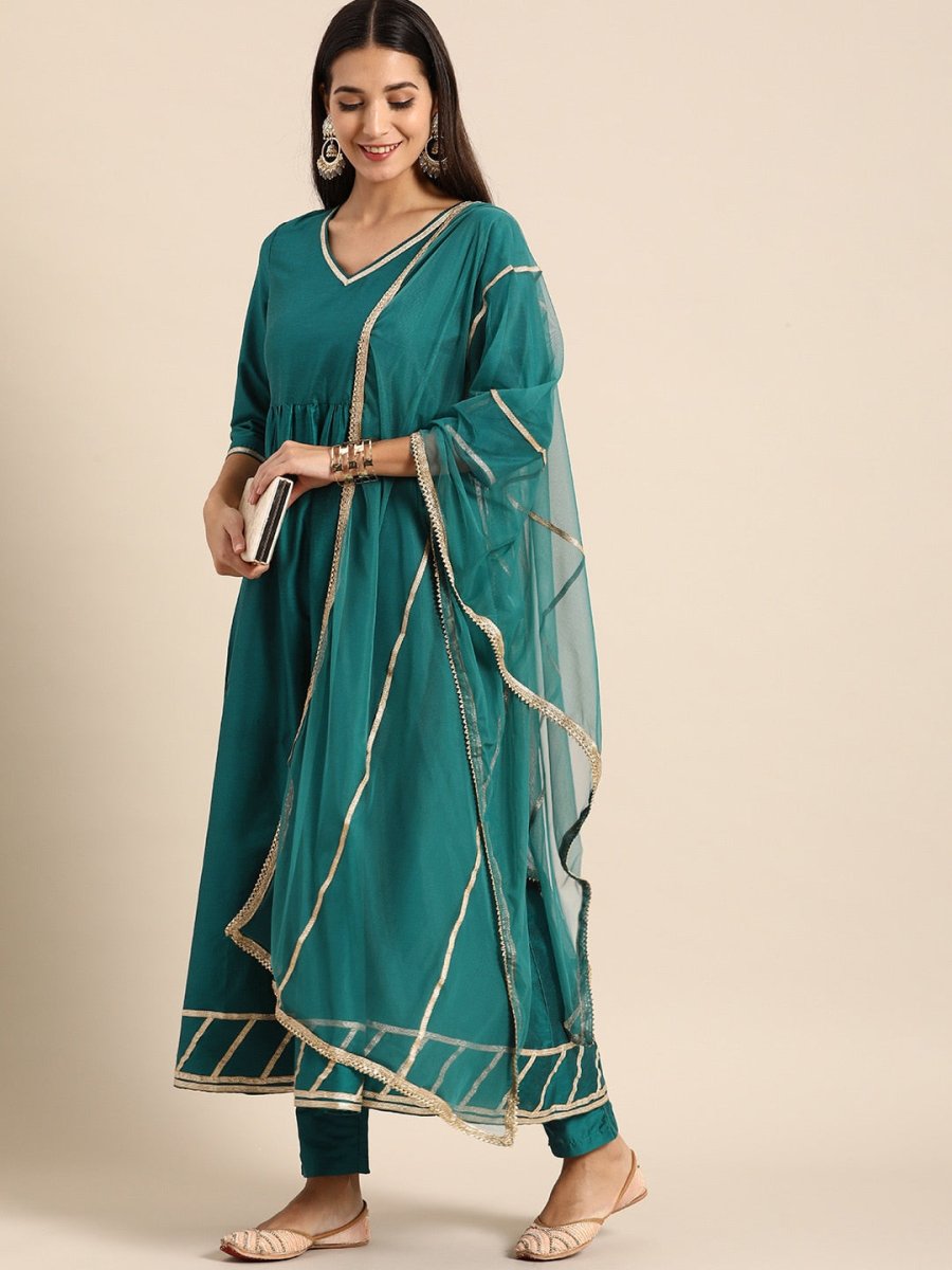 All About You Women Teal Green Solid V-Neck Anarkali Kurta with Trousers & Dupatta