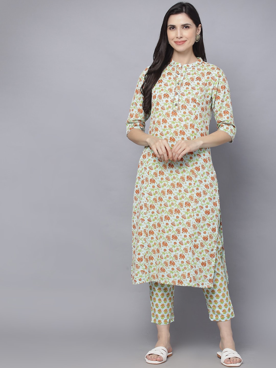 HERE&NOW Women Green Floral Printed Kurta with Trousers