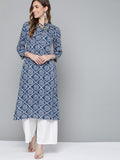 HERE&NOW Women Blue & White Geometric Printed Kurta