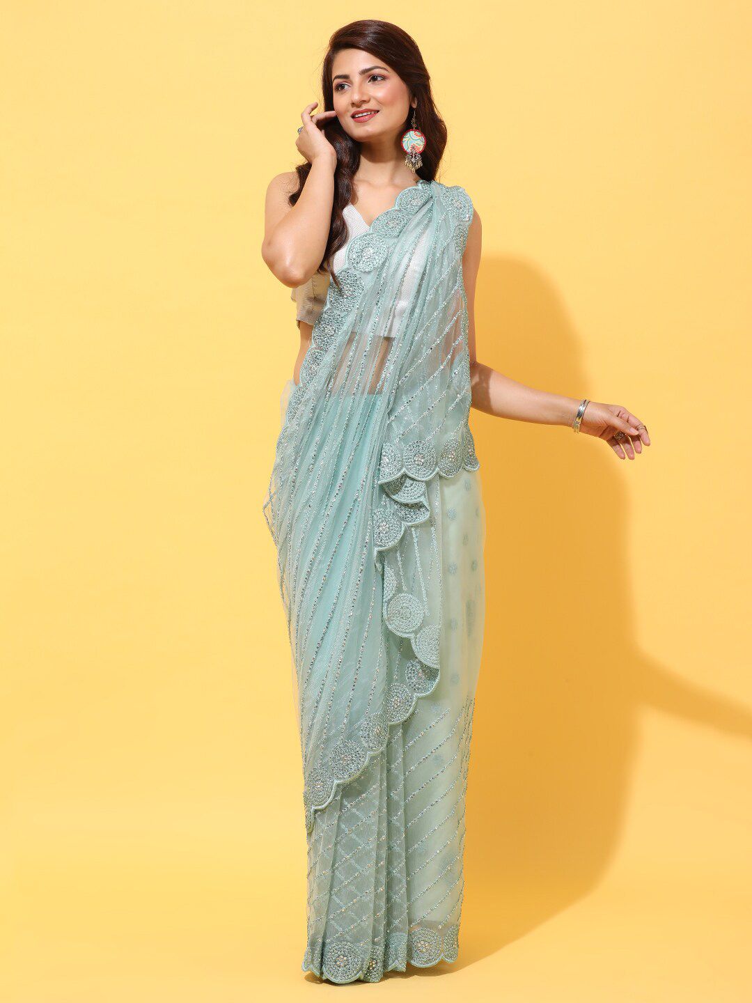 kasee Embroidered Striped Net Saree