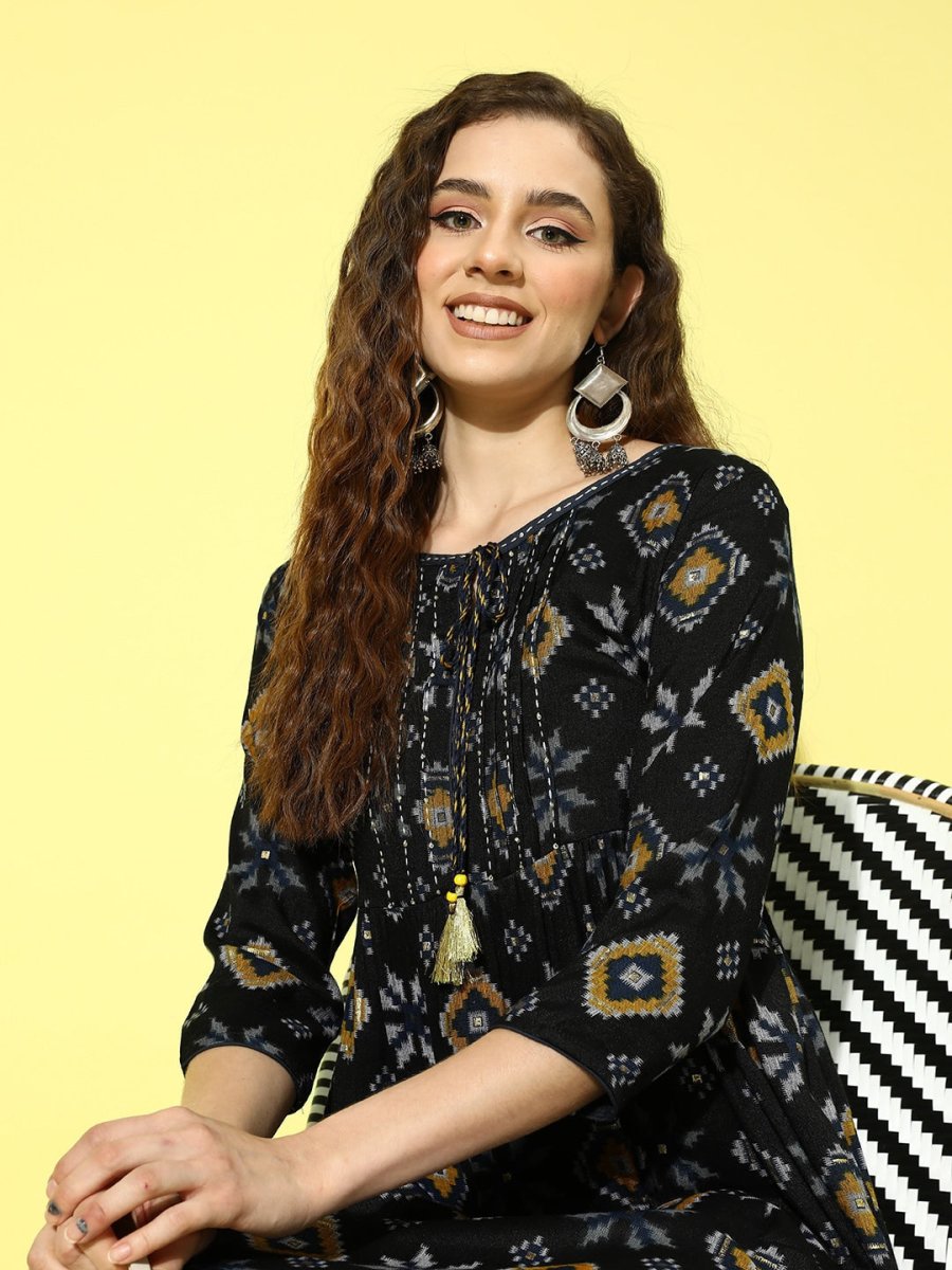 All About You Women Black & Yellow Printed Thread Work Tiering Liva Anarkali Kurta