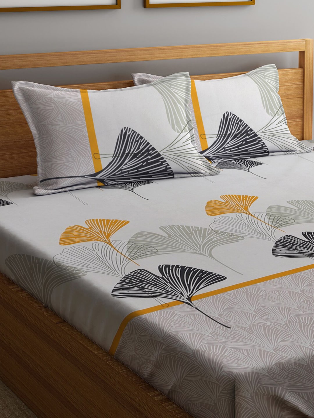 Home Sizzler Grey & Yellow Floral 210 TC Queen Bedsheet with 2 Pillow Covers